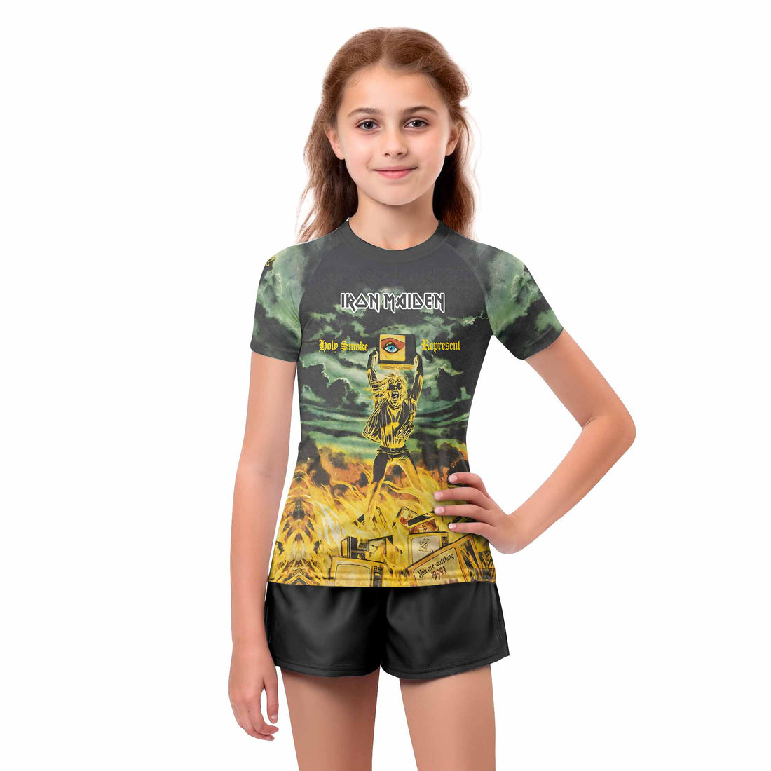 Iron Maiden Holy Smoke Kids Rash Guard Short Sleeve - boy's lifestyle view
