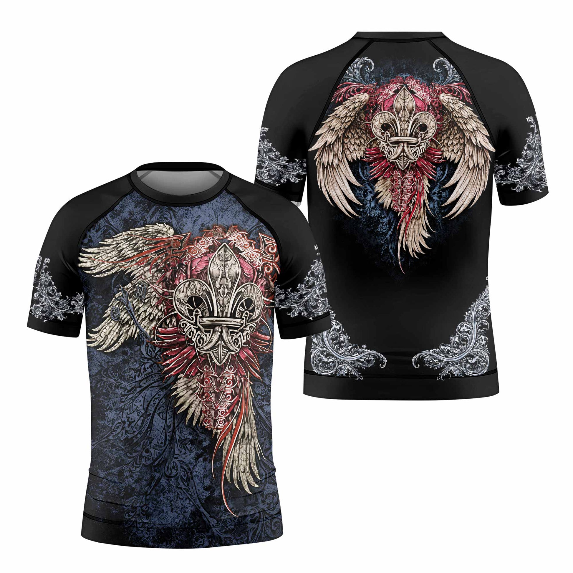 Metallic Embossed Angel Kids Rash Guard Short Sleeve - front and back view