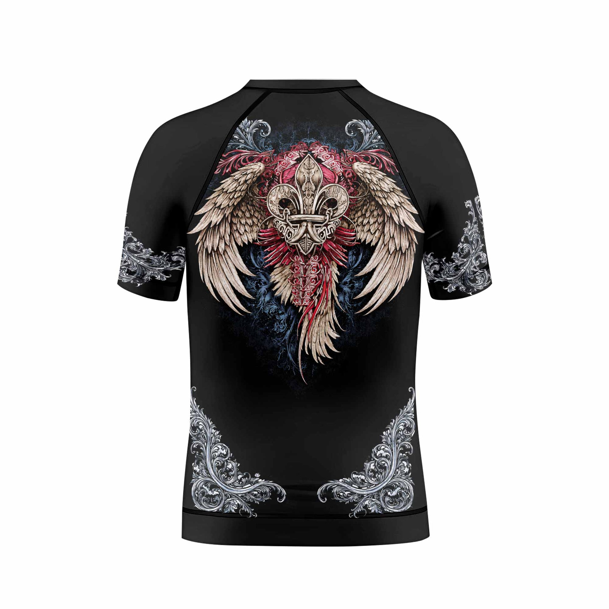 Metallic Embossed Angel Kids Rash Guard Short Sleeve - back view mockup
