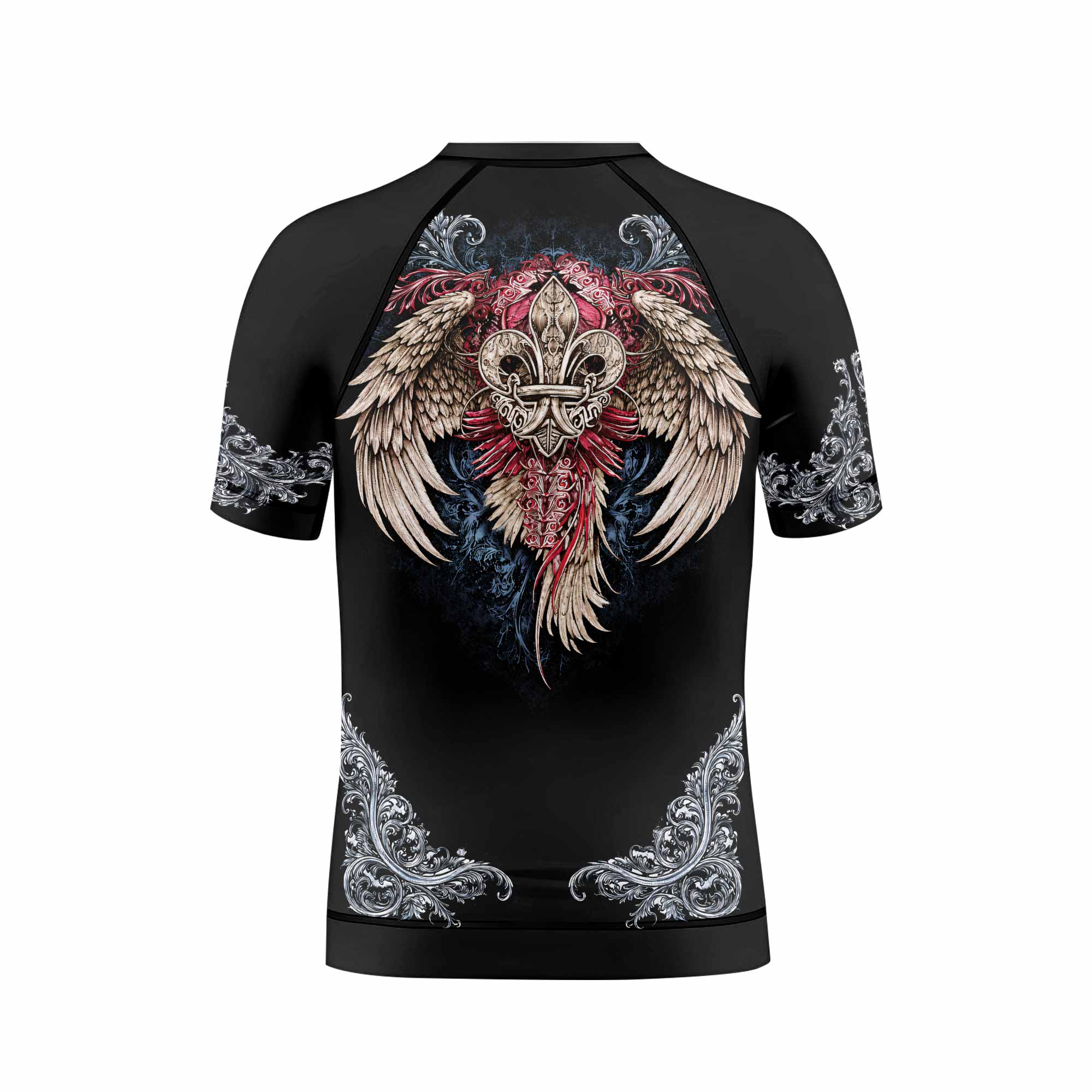 Metallic Embossed Angel Kids Rash Guard Short Sleeve - back view mockup