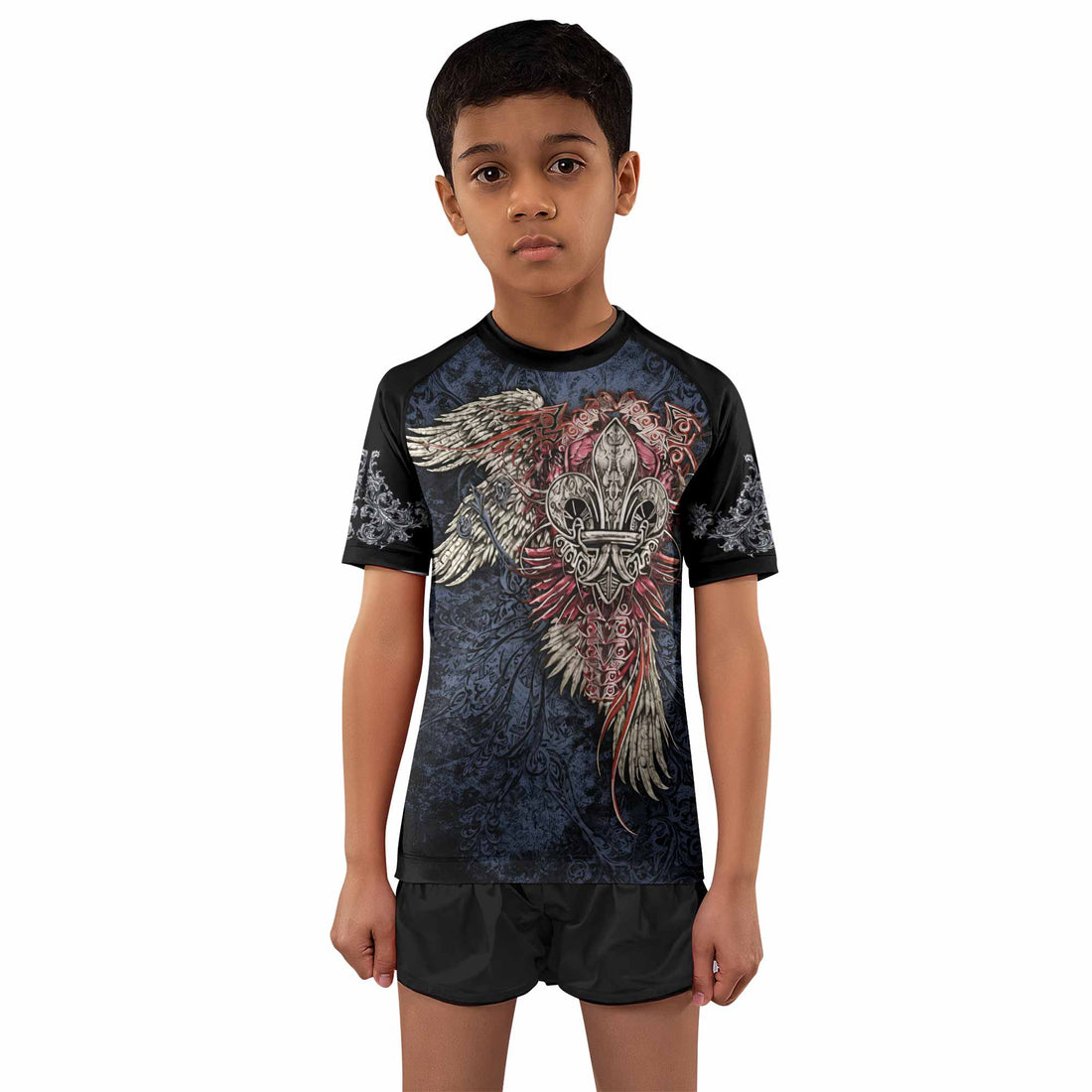 Metallic Embossed Angel Kids Rash Guard Short Sleeve - boy's lifestyle view