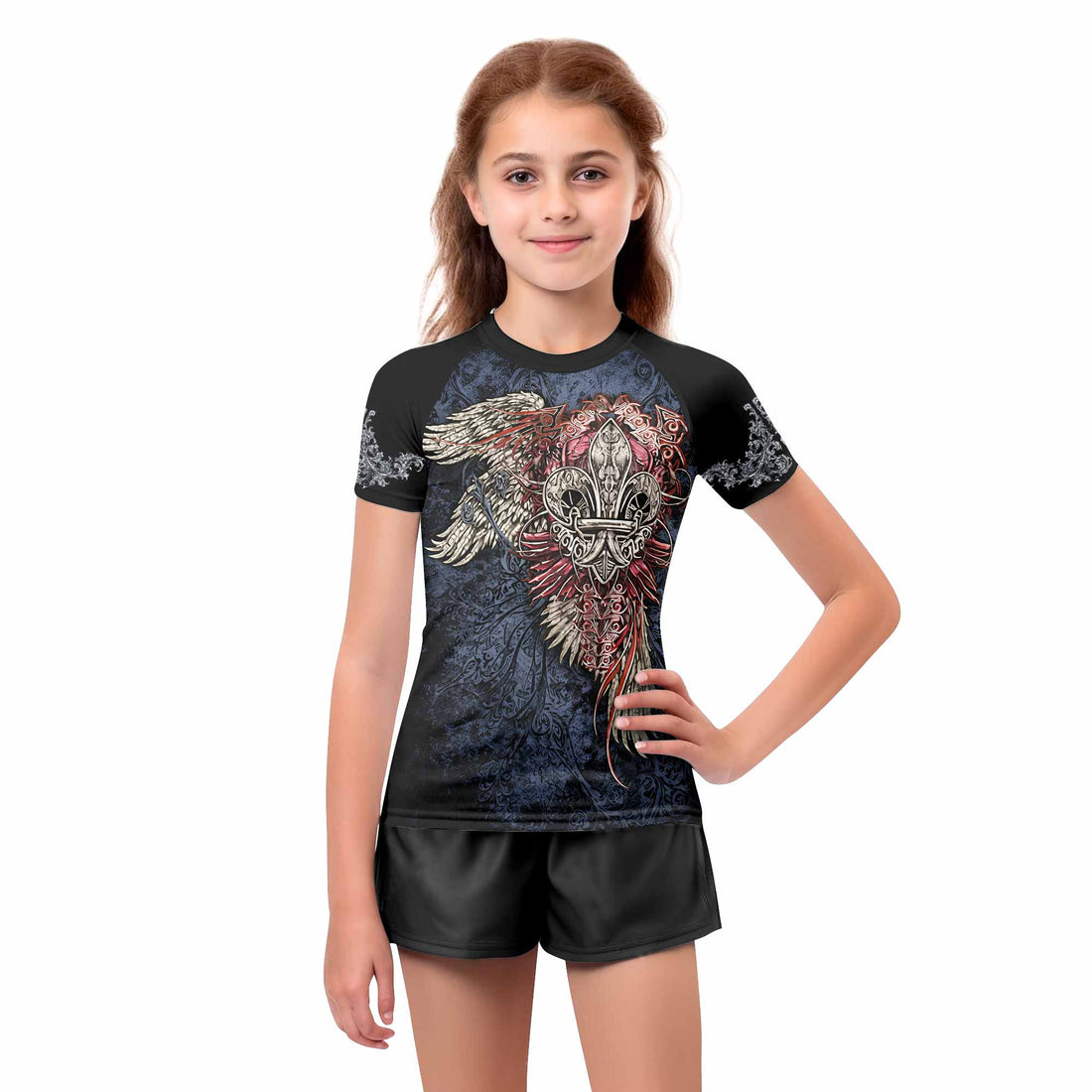 Metallic Embossed Angel Kids Rash Guard Short Sleeve - boy's lifestyle view