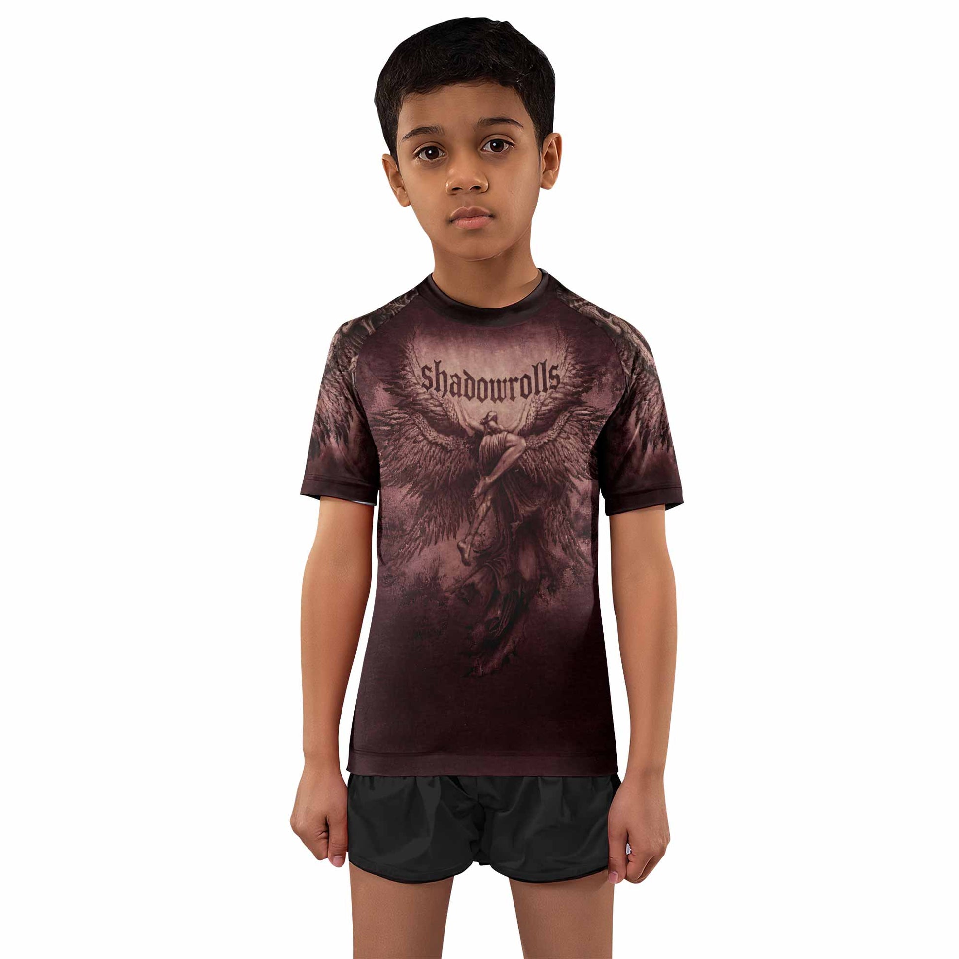 Bones of Grace Dark Angel Kids Rash Guard Short Sleeve - boy's lifestyle view