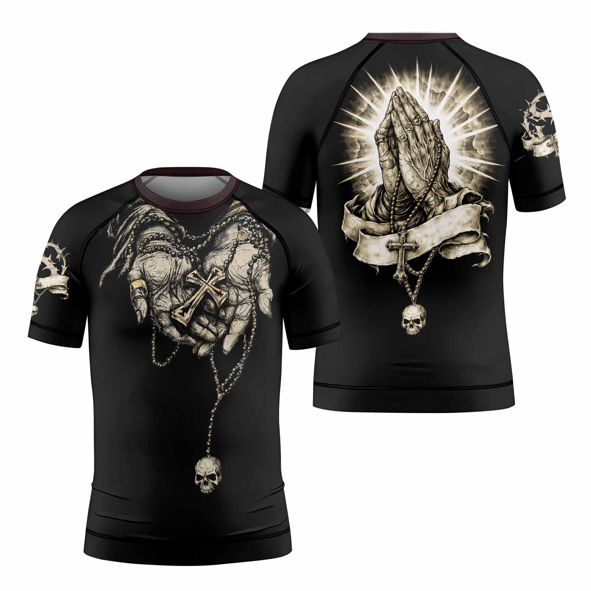 Praying Hands Skull Kids Rash Guard Short Sleeve - front and back view