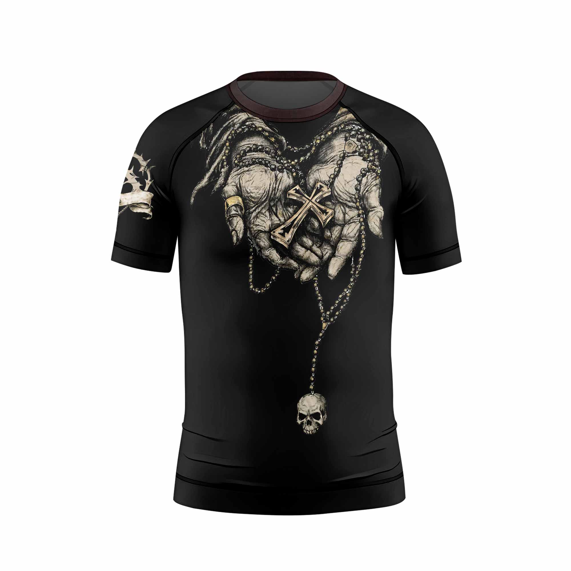 Praying Hands Skull Kids Rash Guard Short Sleeve - front view mockup