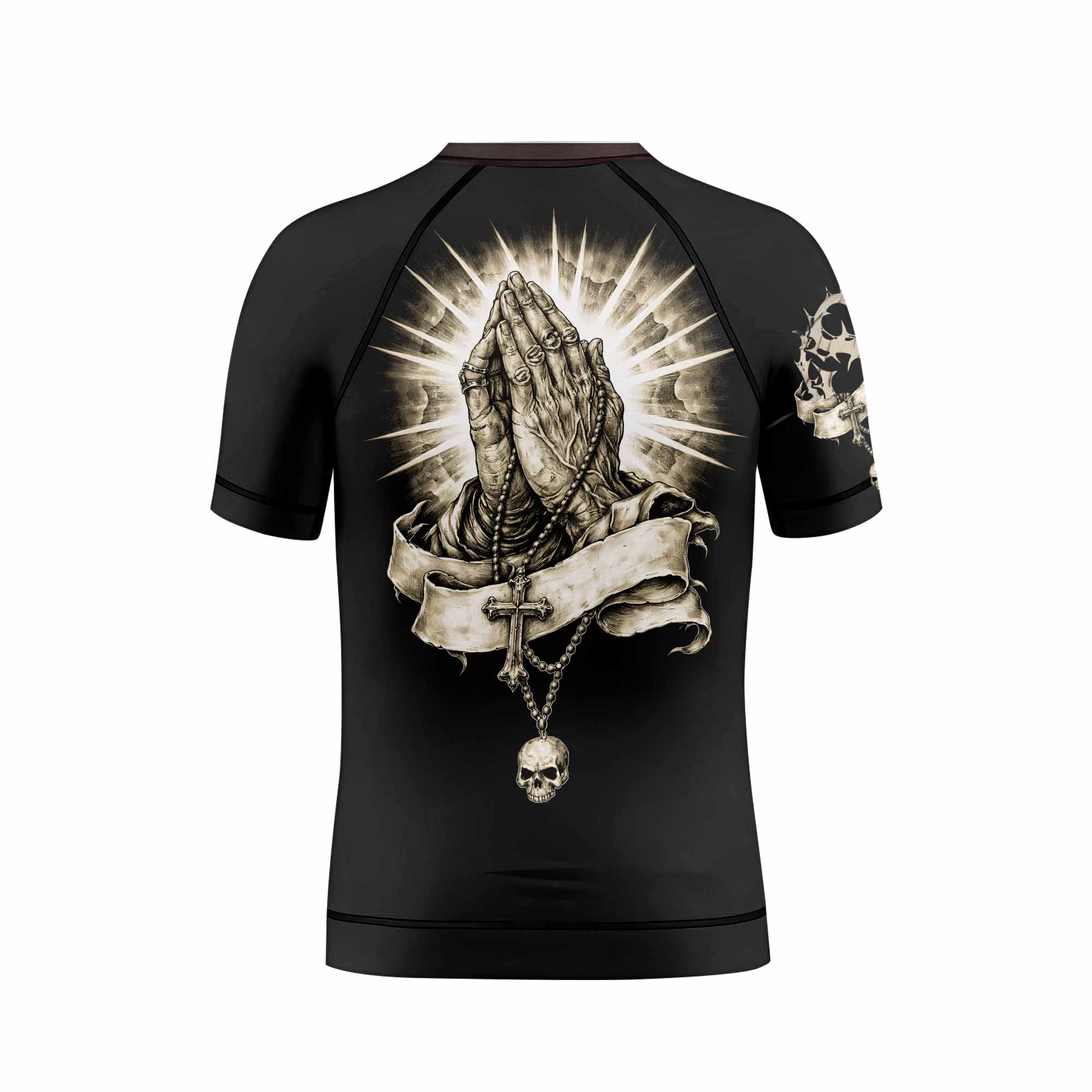 Praying Hands Skull Kids Rash Guard Short Sleeve - back view mockup