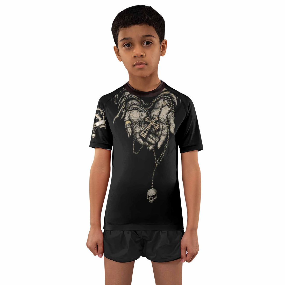 Praying Hands Skull Kids Rash Guard Short Sleeve - boy's lifestyle view