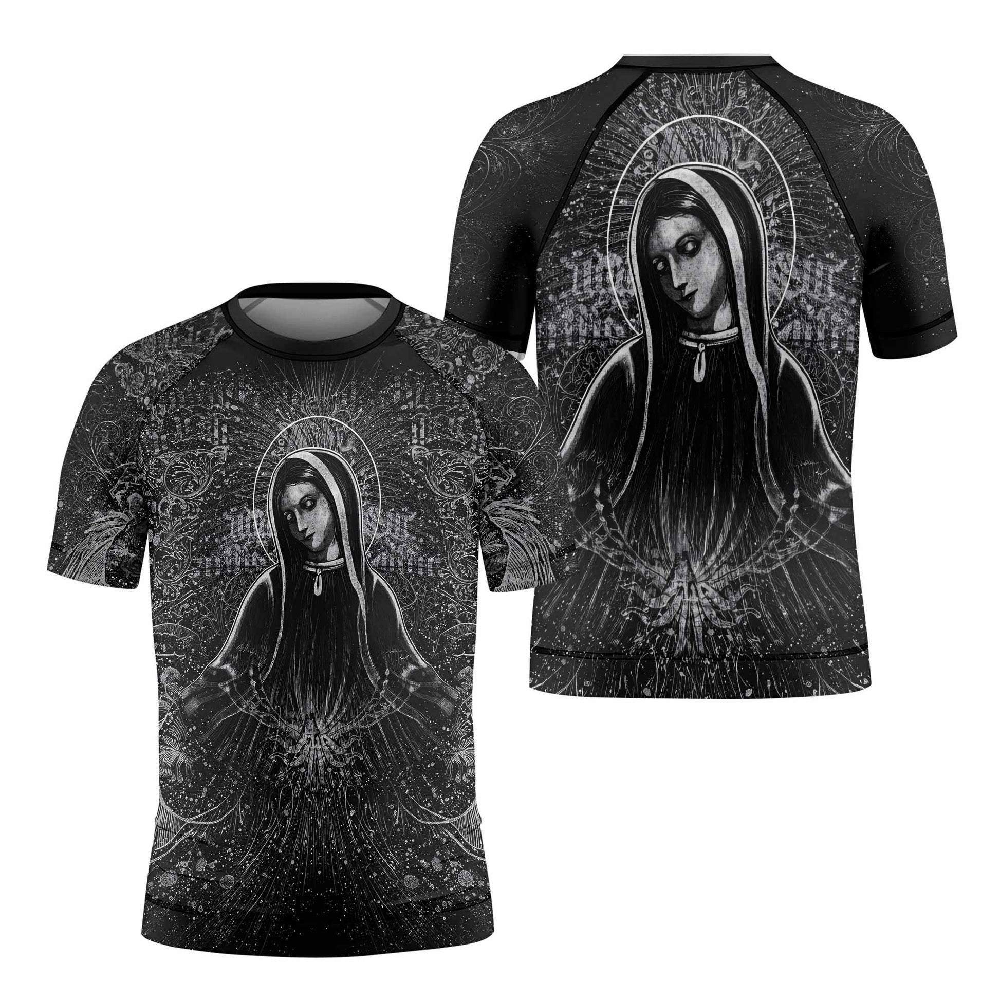 Virgin Mary Kids Rash Guard Short Sleeve - front and back view