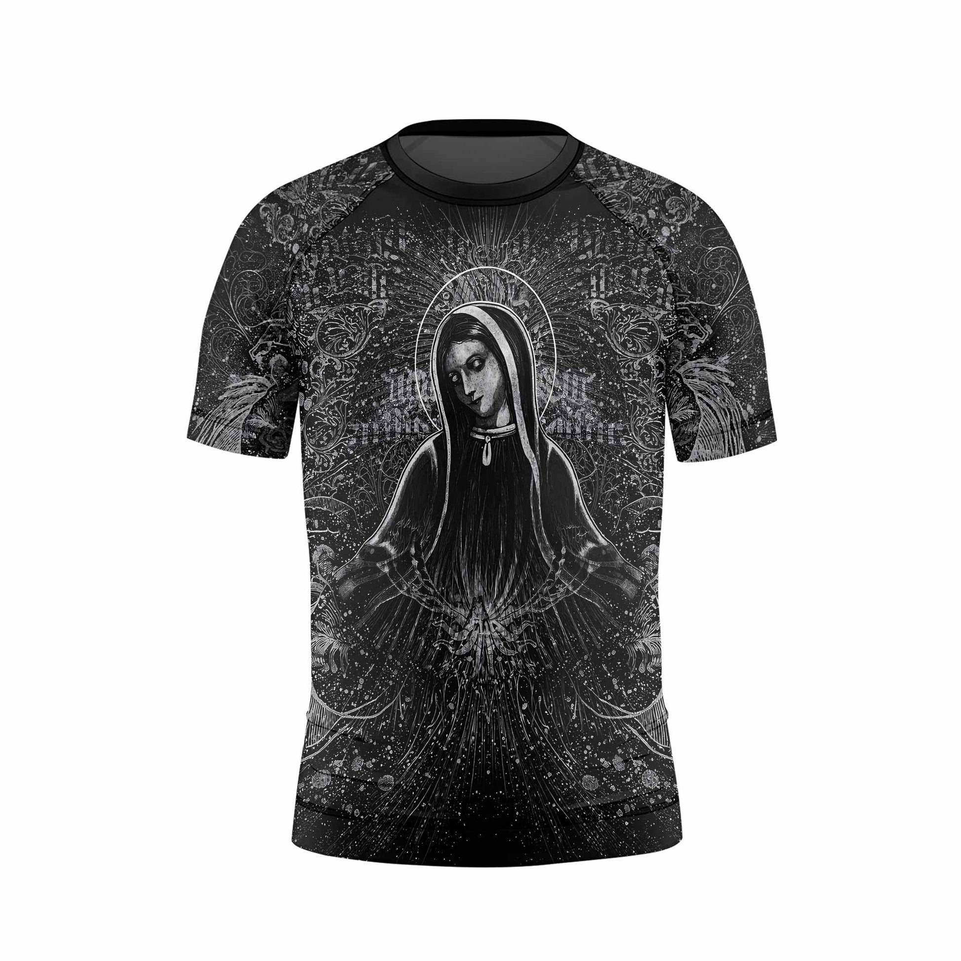 Virgin Mary Kids Rash Guard Short Sleeve - front view mockup