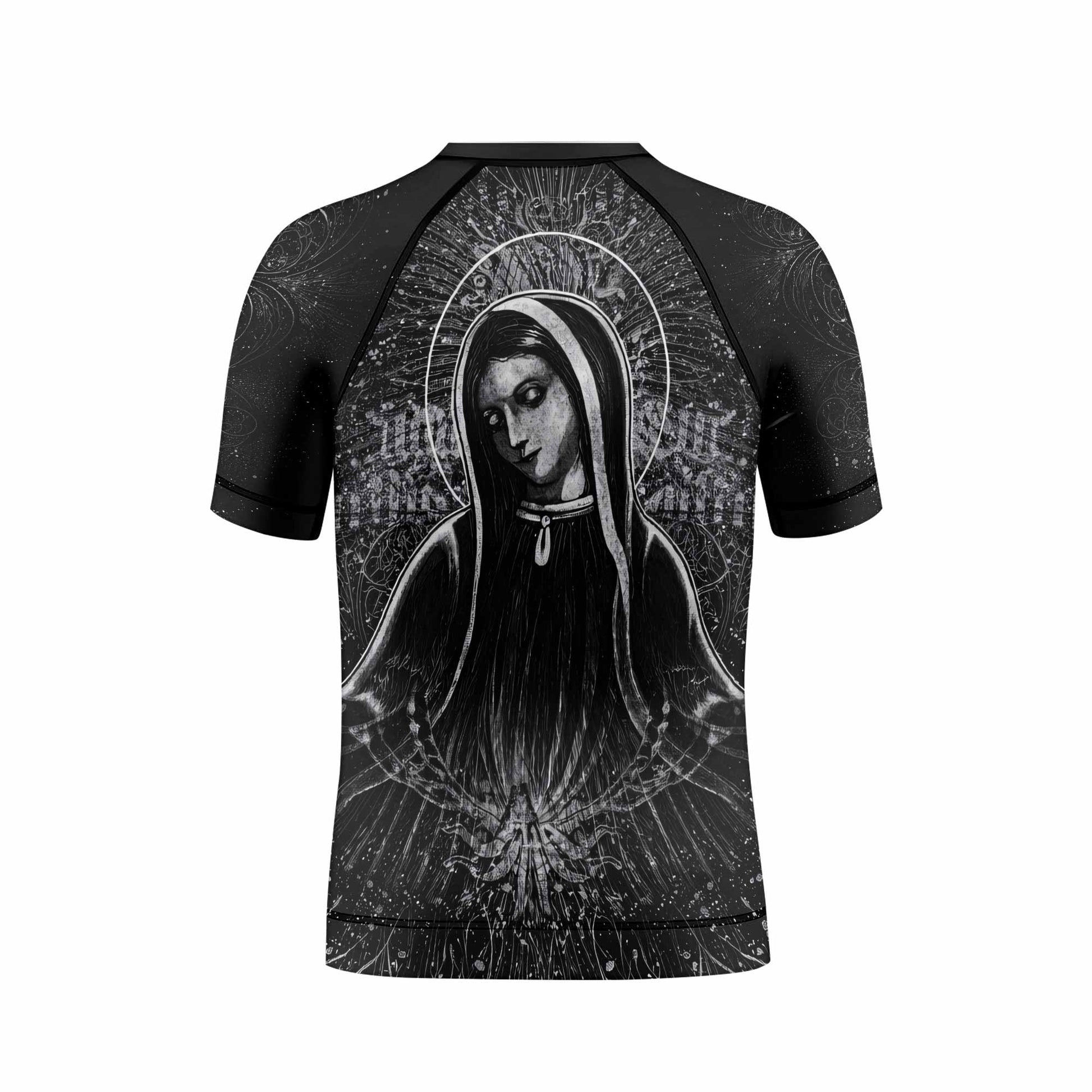 Virgin Mary Kids Rash Guard Short Sleeve - back view mockup