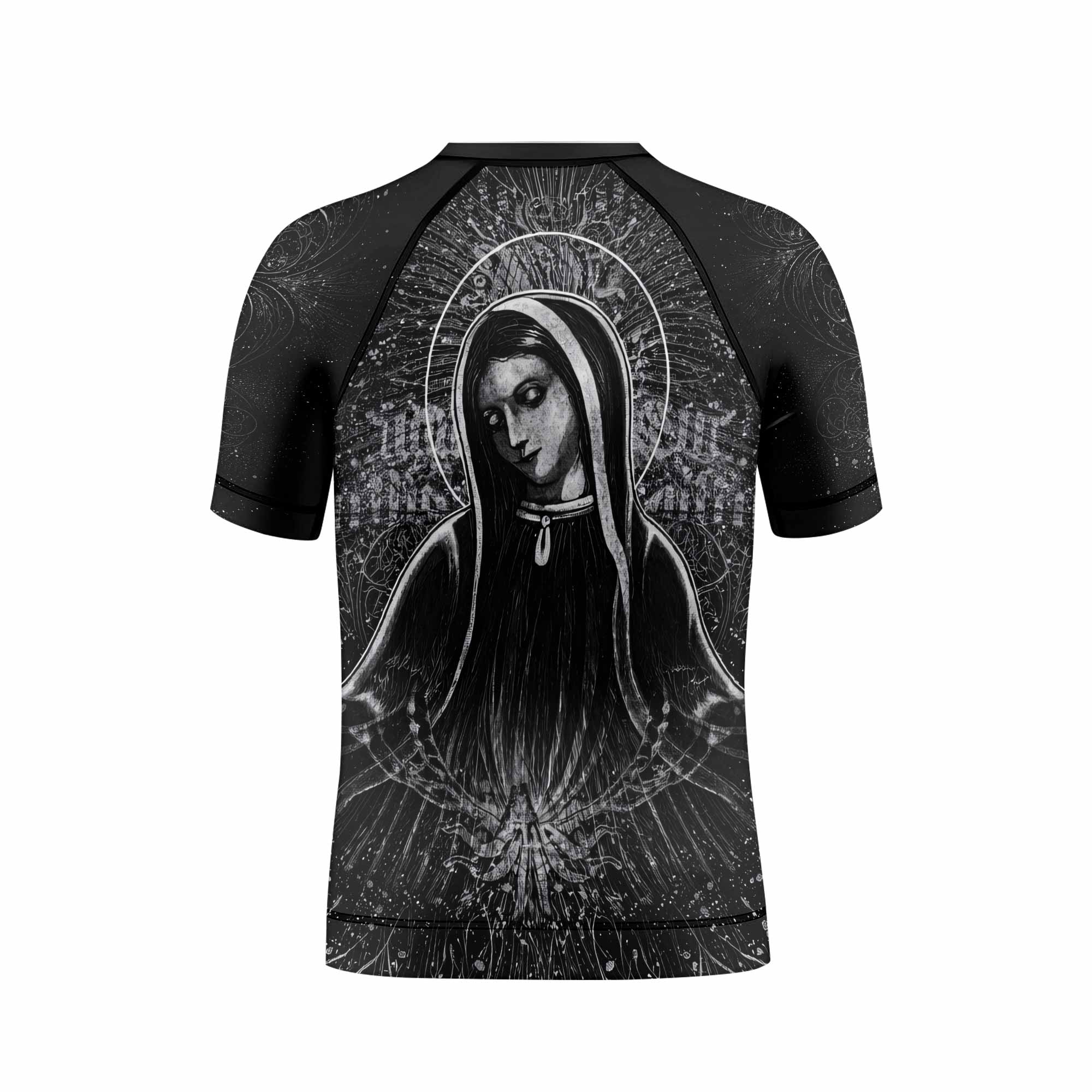Virgin Mary Kids Rash Guard Short Sleeve - back view mockup