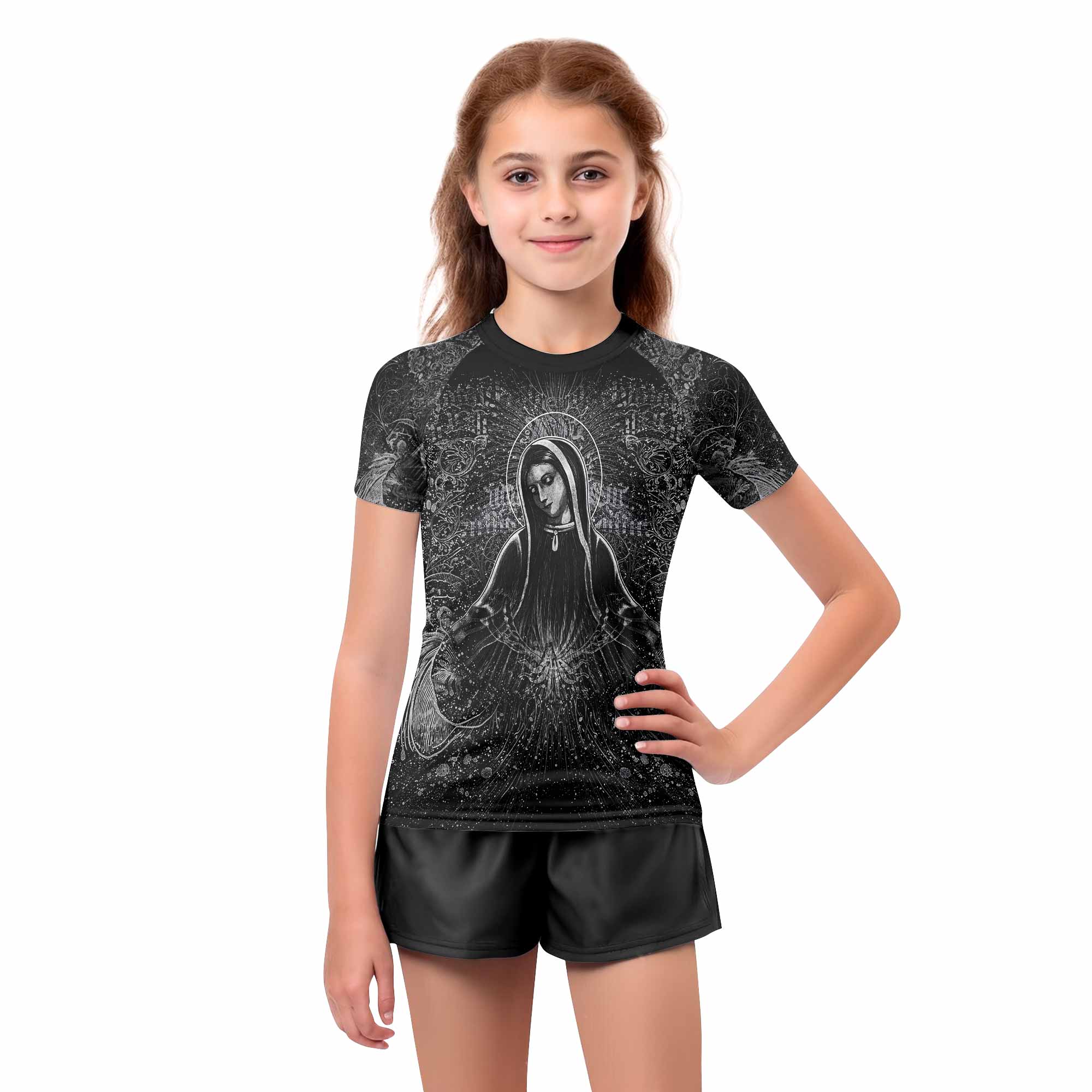 Virgin Mary Kids Rash Guard Short Sleeve - girl's lifestyle view