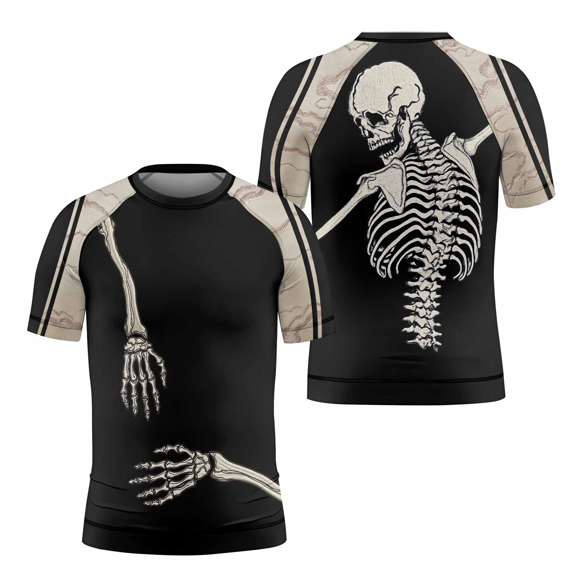 Bare Bones Skeleton Kids Rash Guard Short Sleeve - front and back view