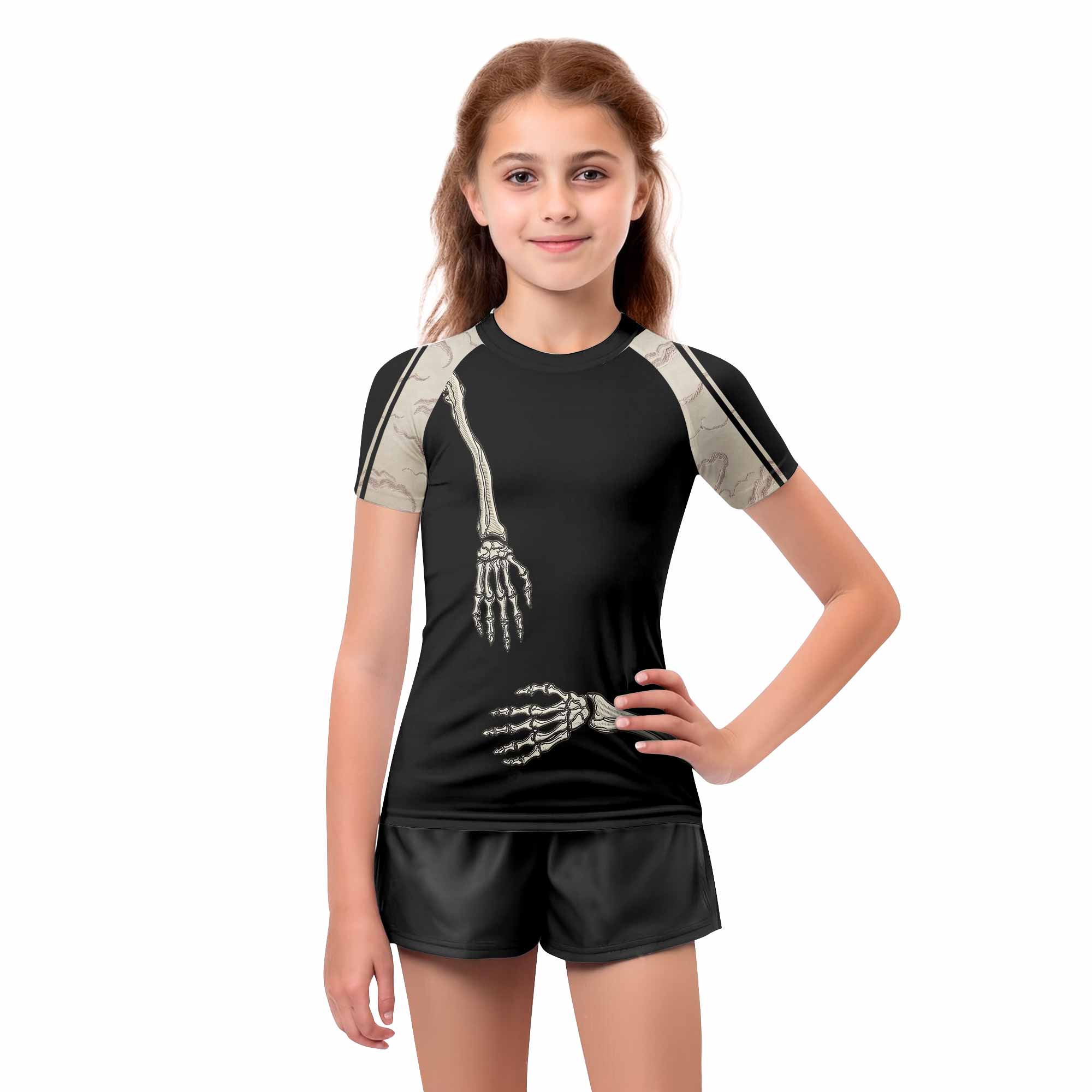Bare Bones Skeleton Kids Rash Guard Short Sleeve - girl's lifestyle view