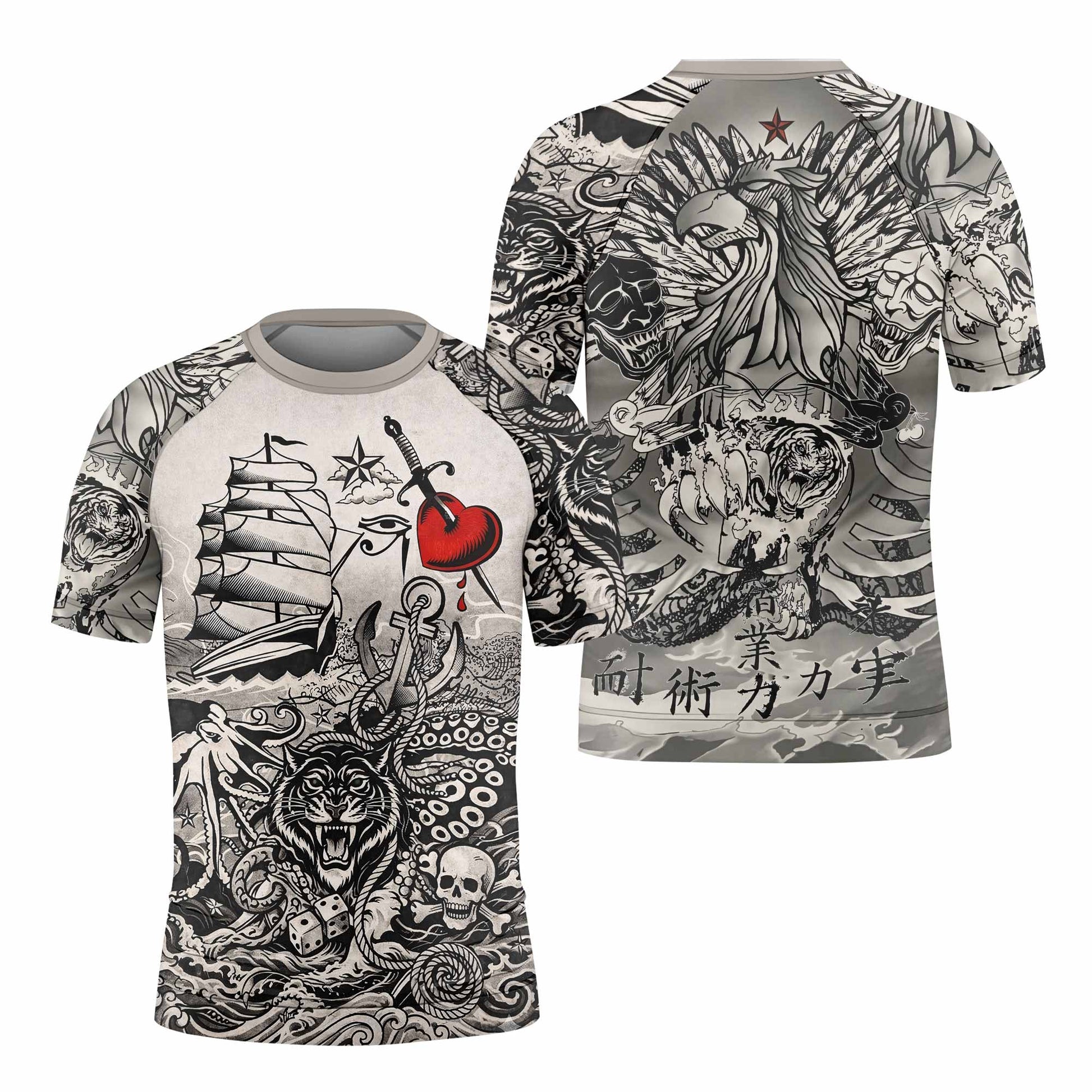 Savage Ocean Irezumi Kids Rash Guard Short Sleeve - front and back view