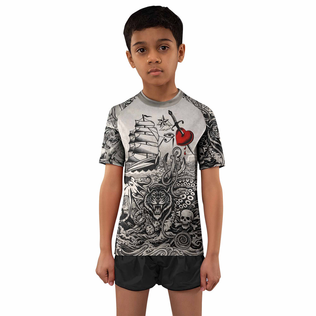 Savage Ocean Irezumi Kids Rash Guard Short Sleeve - boy's lifestyle view