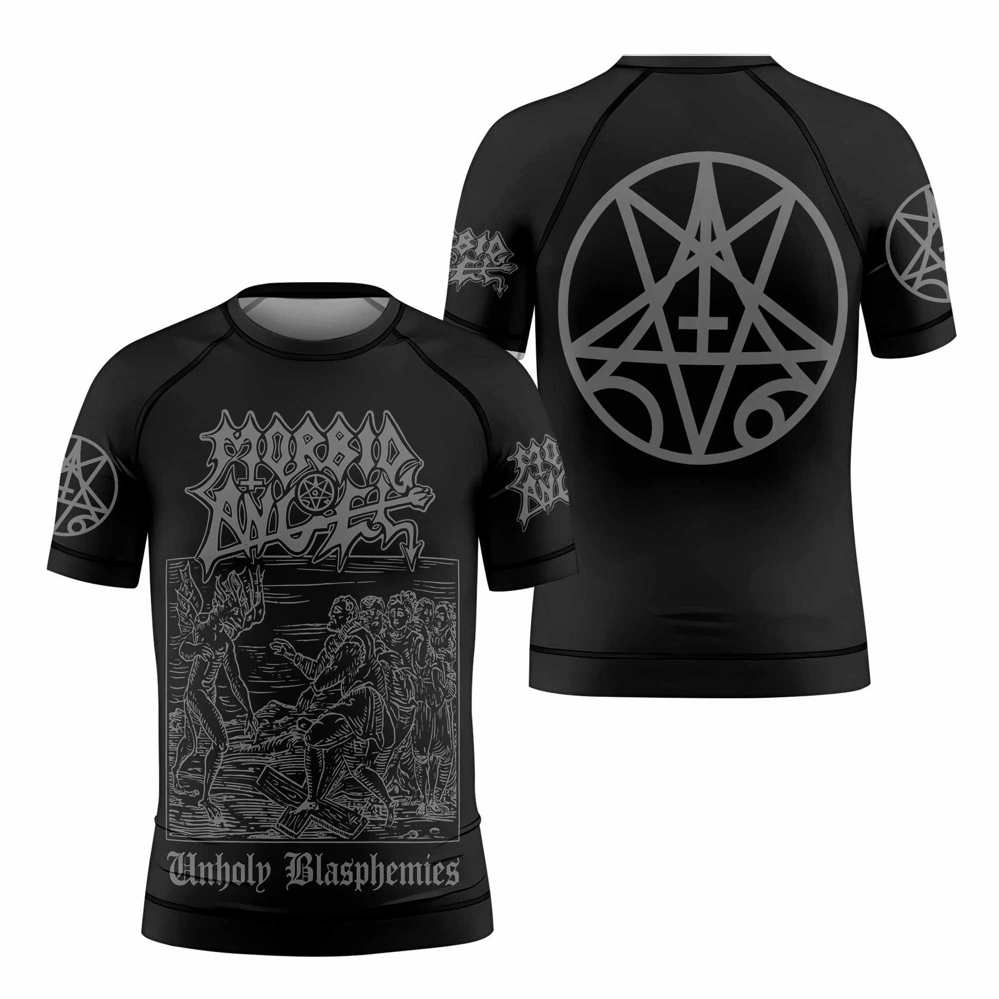 Morbid Angel Unholy Blasphemies Kids Rash Guard Short Sleeve - front and back view