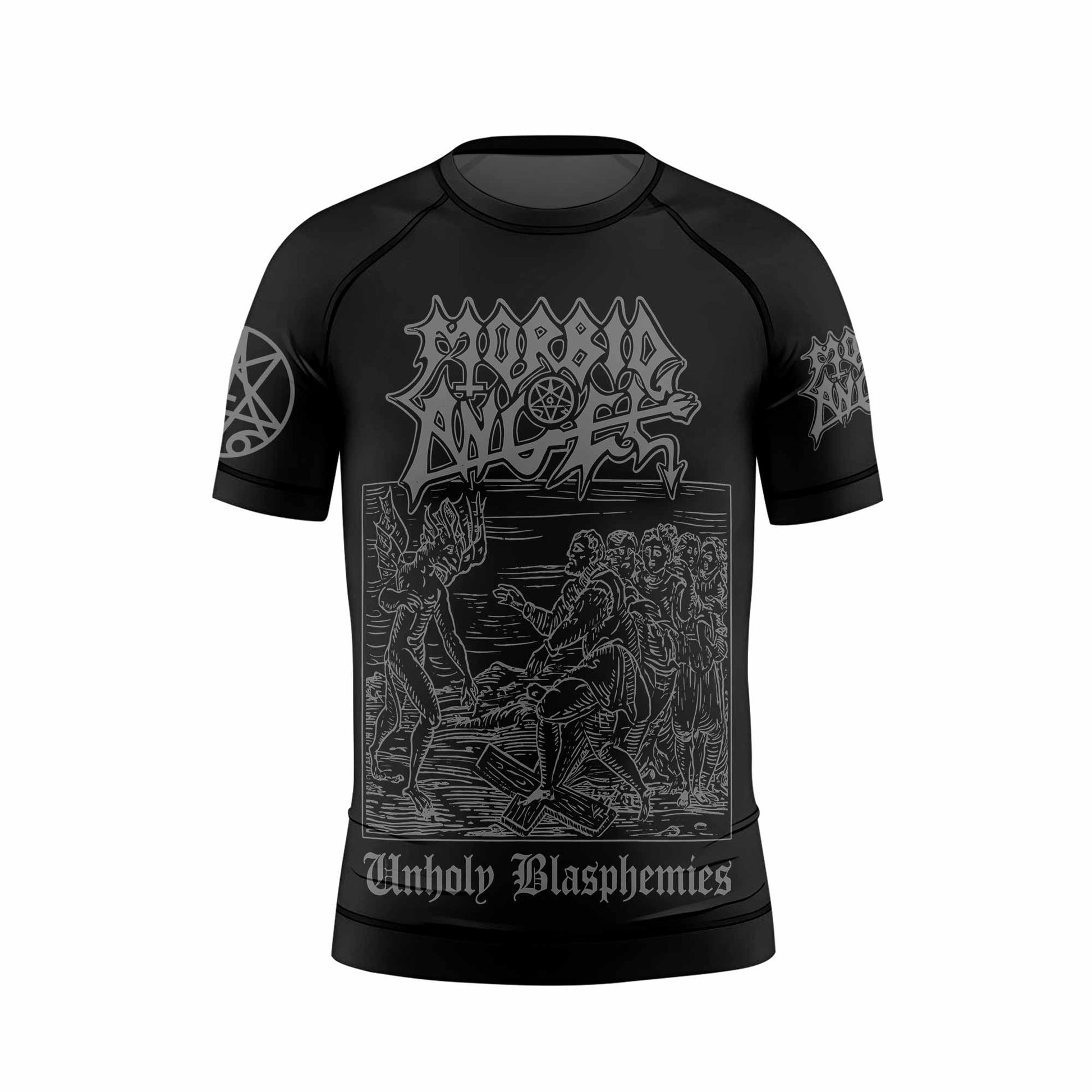 Morbid Angel Unholy Blasphemies Kids Rash Guard Short Sleeve - front view mockup