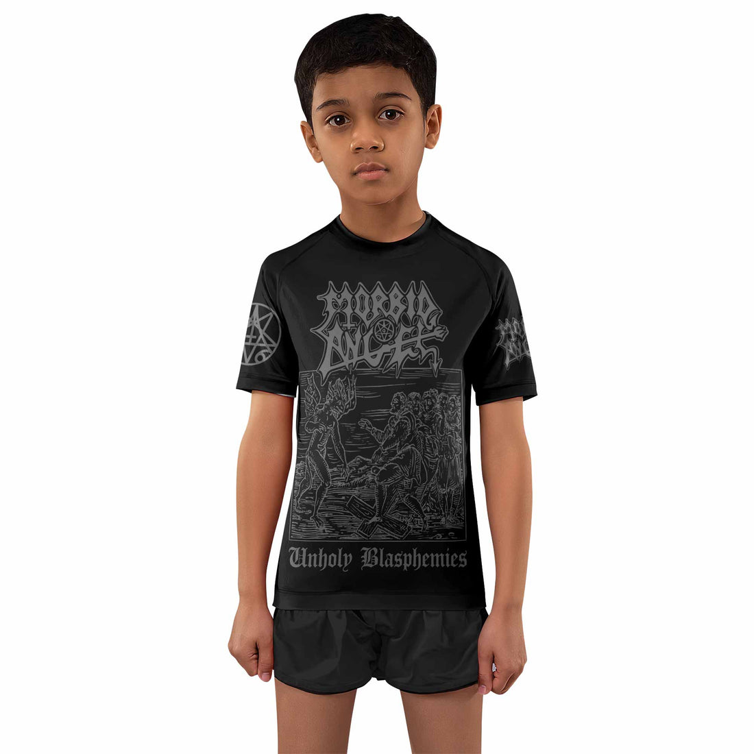 Morbid Angel Unholy Blasphemies Kids Rash Guard Short Sleeve - boy's lifestyle view