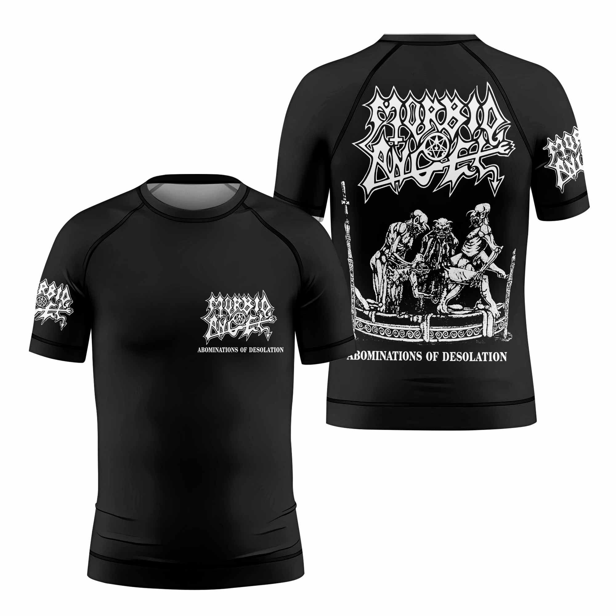 Morbid Angel Abominations of Desolation Kids Rash Guard Short Sleeve - front and back view