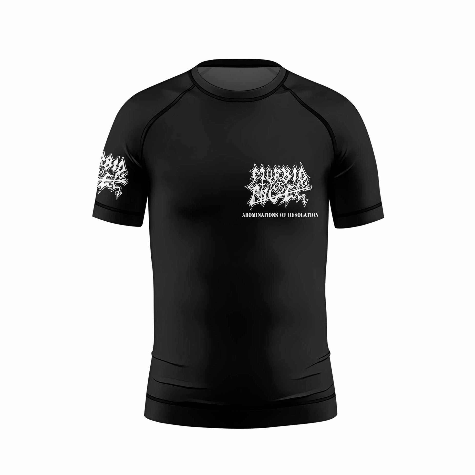 Morbid Angel Abominations of Desolation Kids Rash Guard Short Sleeve - front view mockup