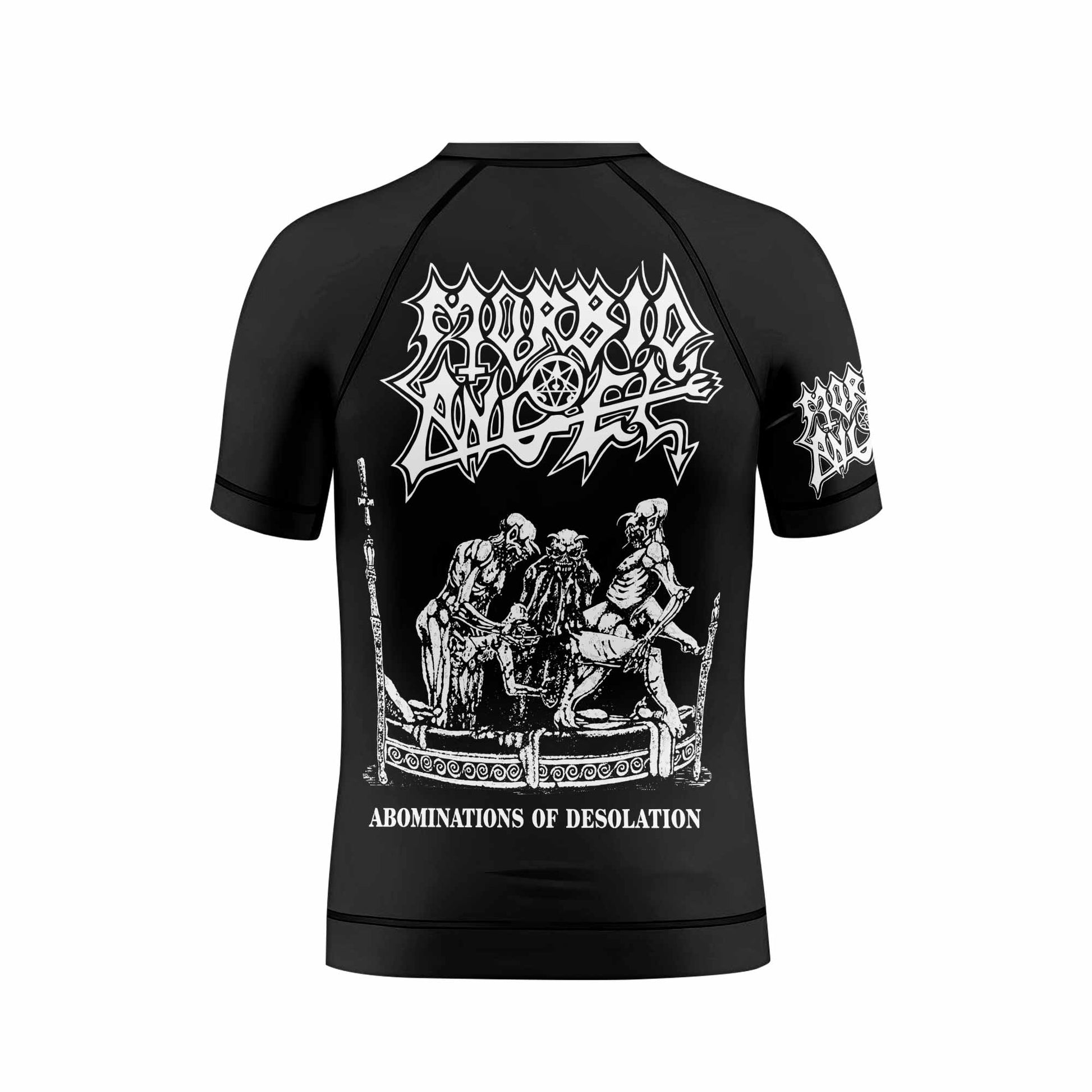 Morbid Angel Abominations of Desolation Kids Rash Guard Short Sleeve - back view mockup
