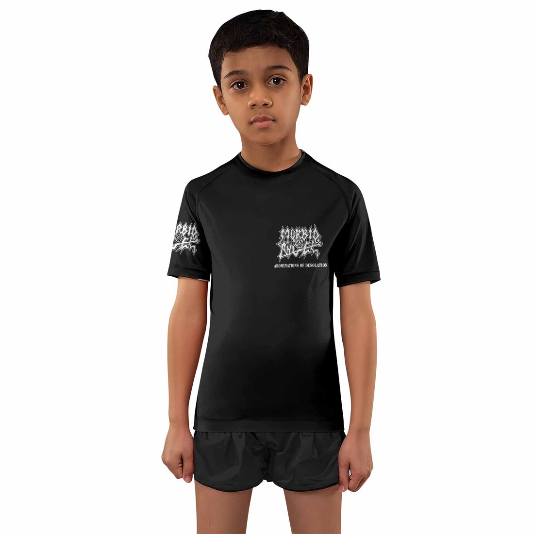 Morbid Angel Abominations of Desolation Kids Rash Guard Short Sleeve - boy's lifestyle view