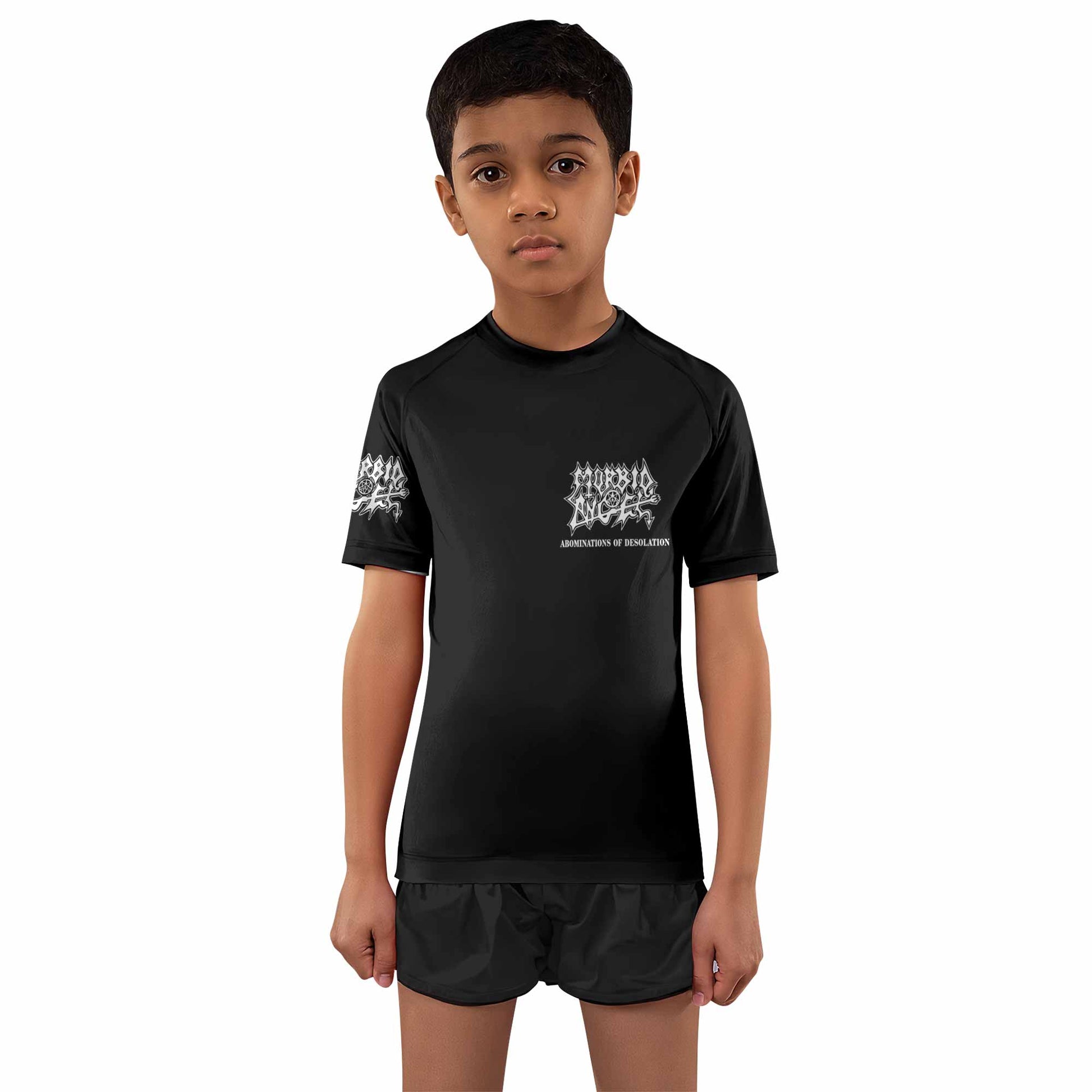 Morbid Angel Abominations of Desolation Kids Rash Guard Short Sleeve - boy's lifestyle view