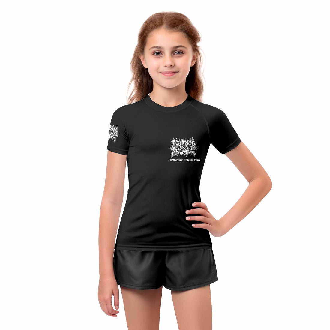 Morbid Angel Abominations of Desolation Kids Rash Guard Short Sleeve - boy's lifestyle view