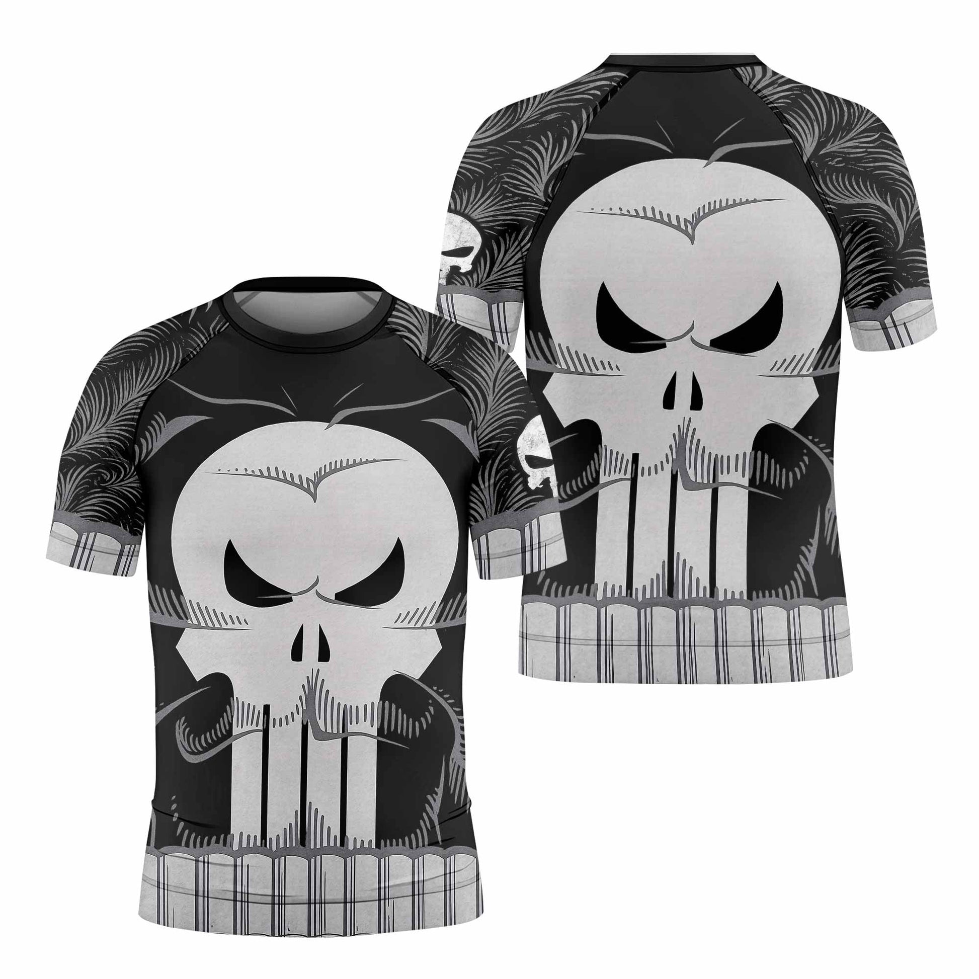 Punisher Skull Tactical Kids Rash Guard Short Sleeve - front and back view