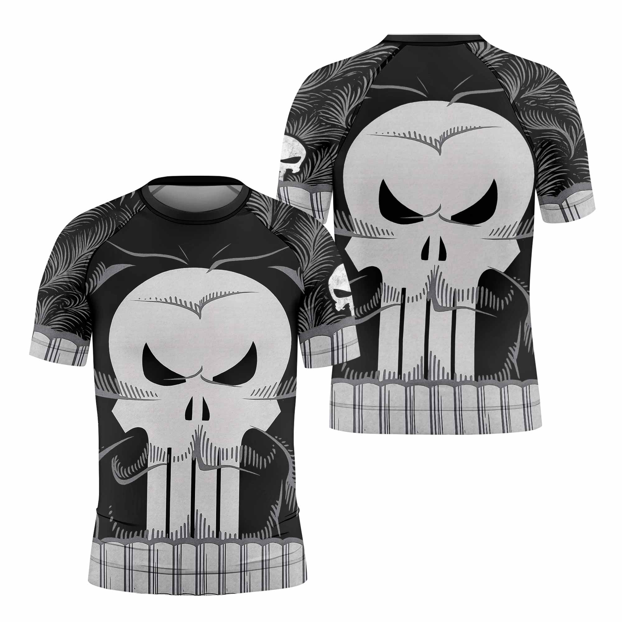 Punisher Skull Tactical Kids Rash Guard Short Sleeve - front and back view