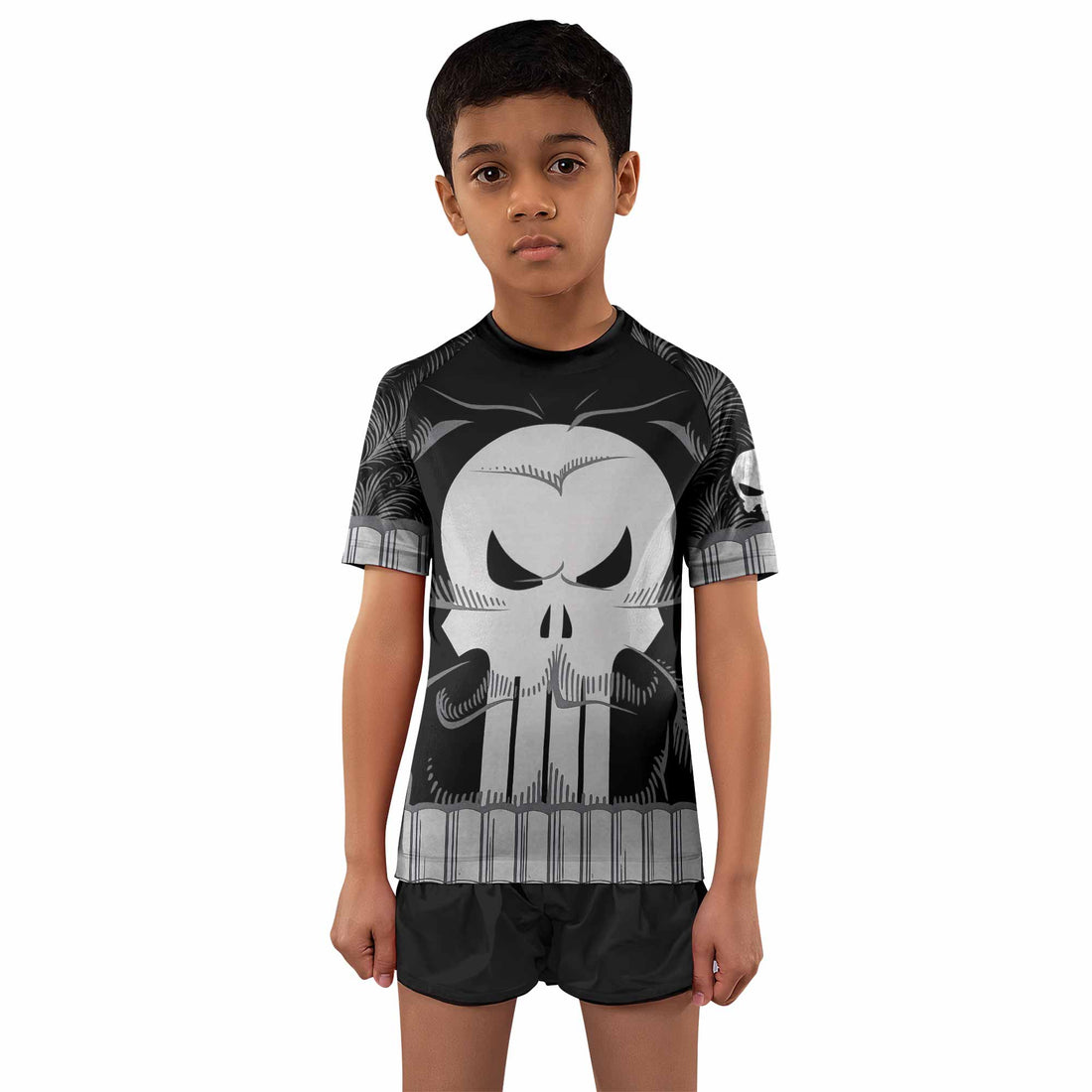 Punisher Skull Tactical Kids Rash Guard Short Sleeve - boy's lifestyle view