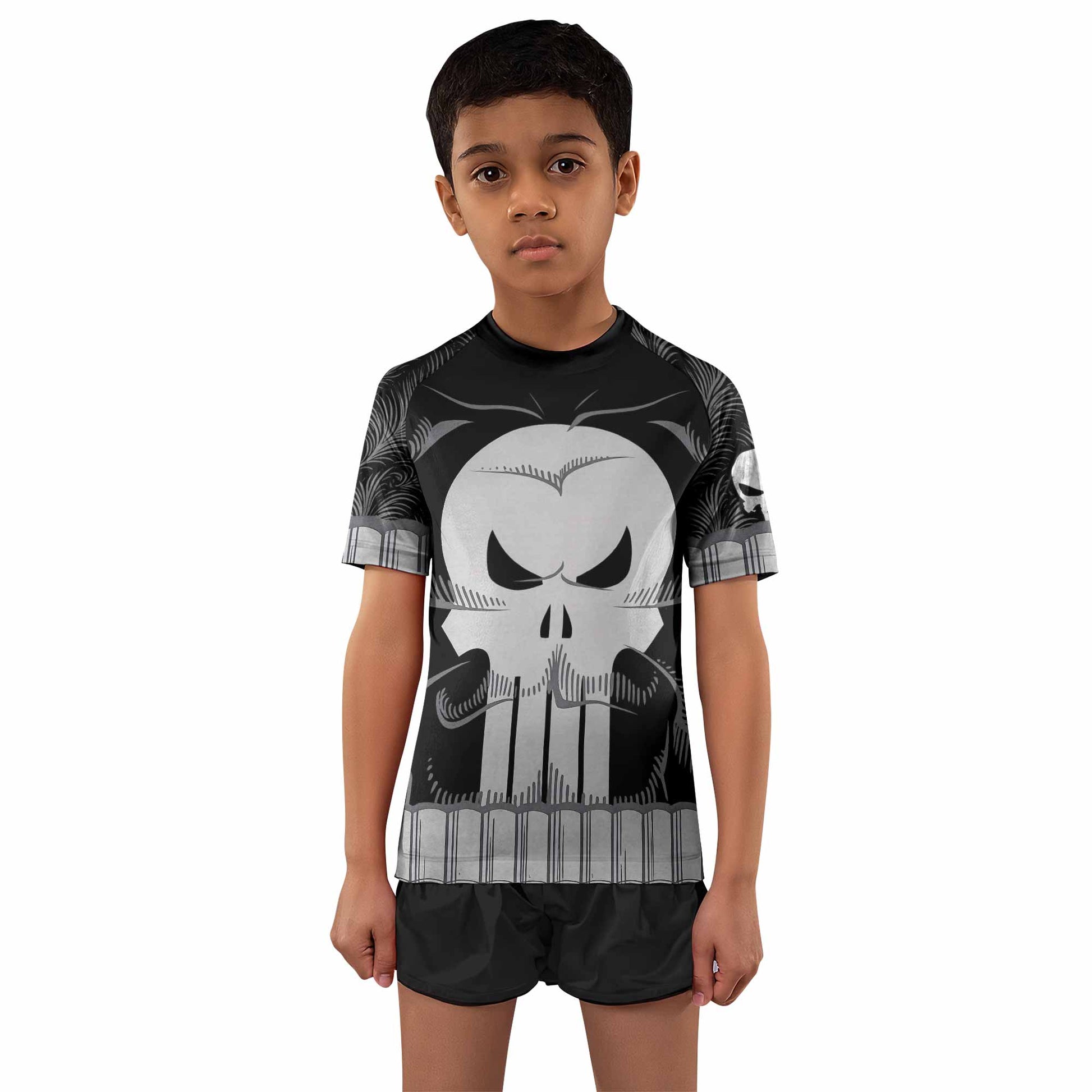 Punisher Skull Tactical Kids Rash Guard Short Sleeve - boy's lifestyle view