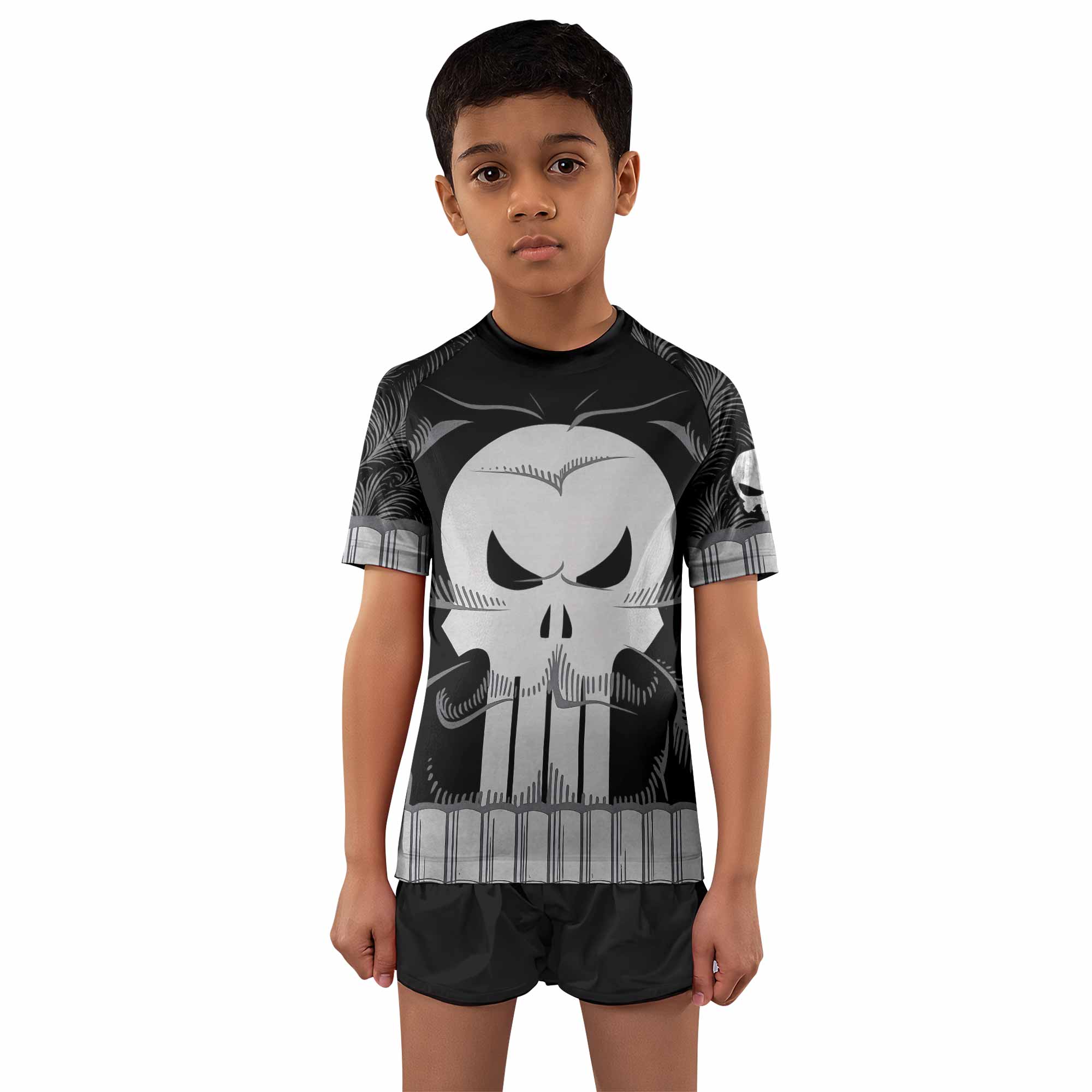 Punisher Skull Tactical Kids Rash Guard Short Sleeve - boy's lifestyle view