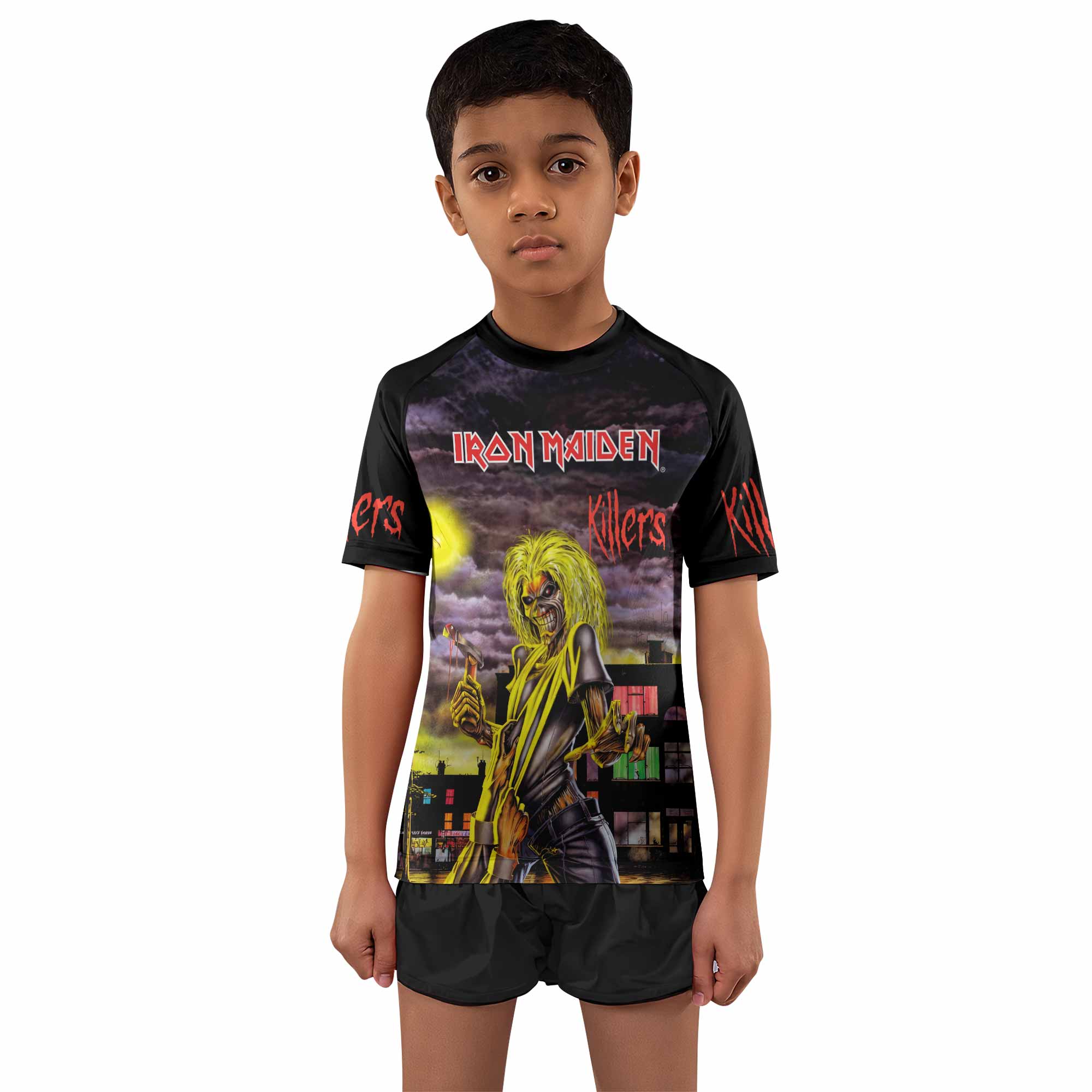 Killers Iron Maiden Kids Rash Guard Short Sleeve - boy's lifestyle view