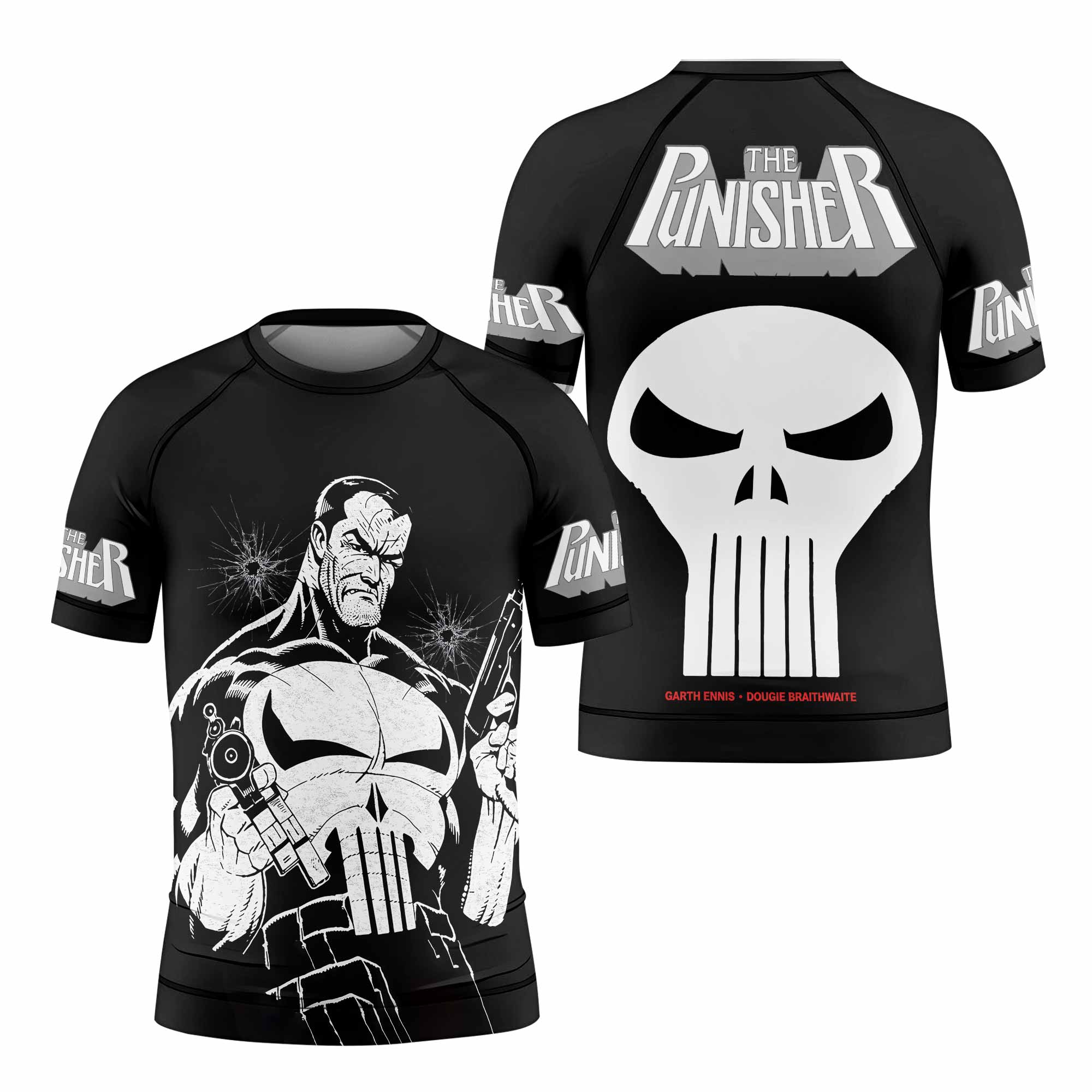 The Punisher Comic Frank Castle Kids Rash Guard Short Sleeve - front and back view