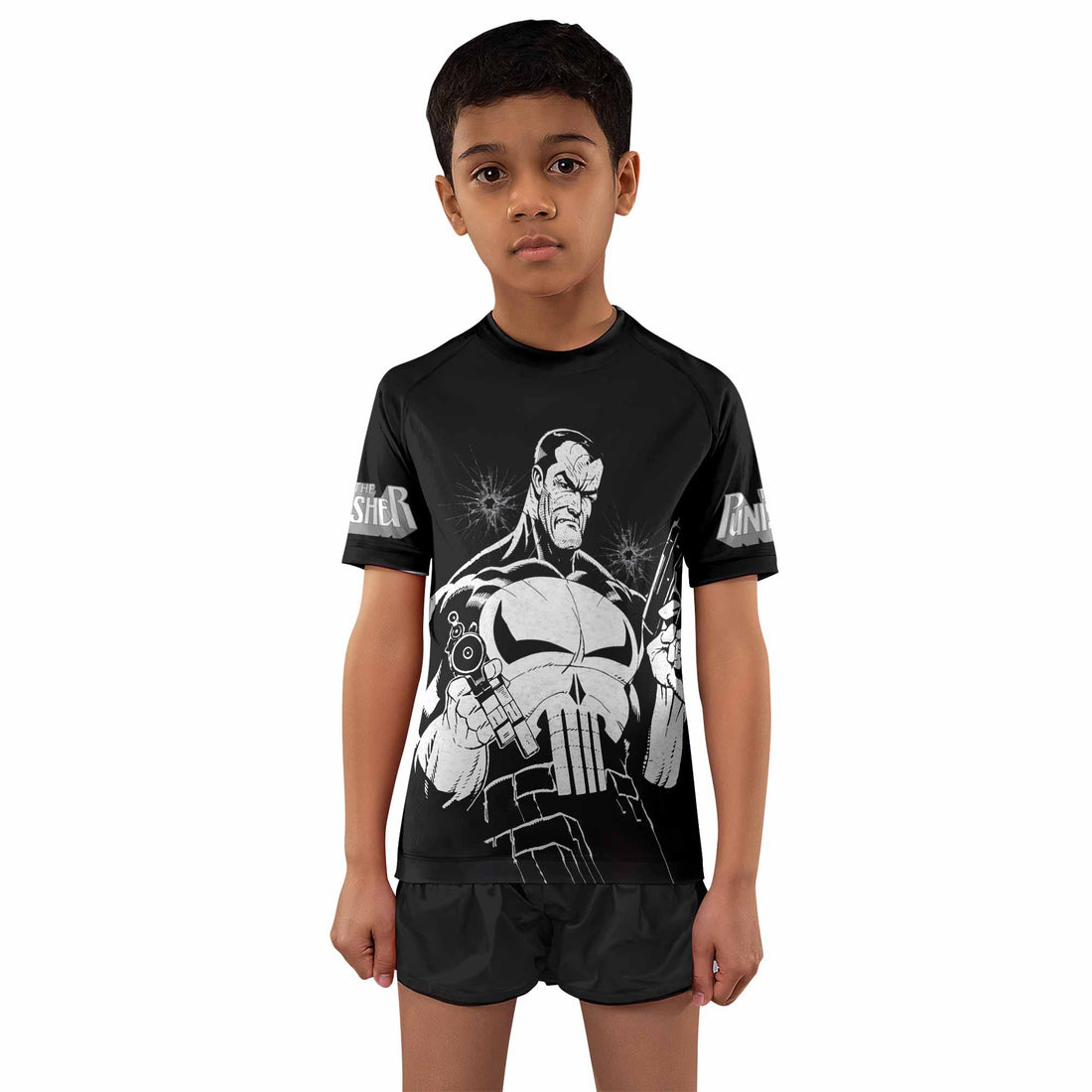 The Punisher Comic Frank Castle Kids Rash Guard Short Sleeve - boy's lifestyle view
