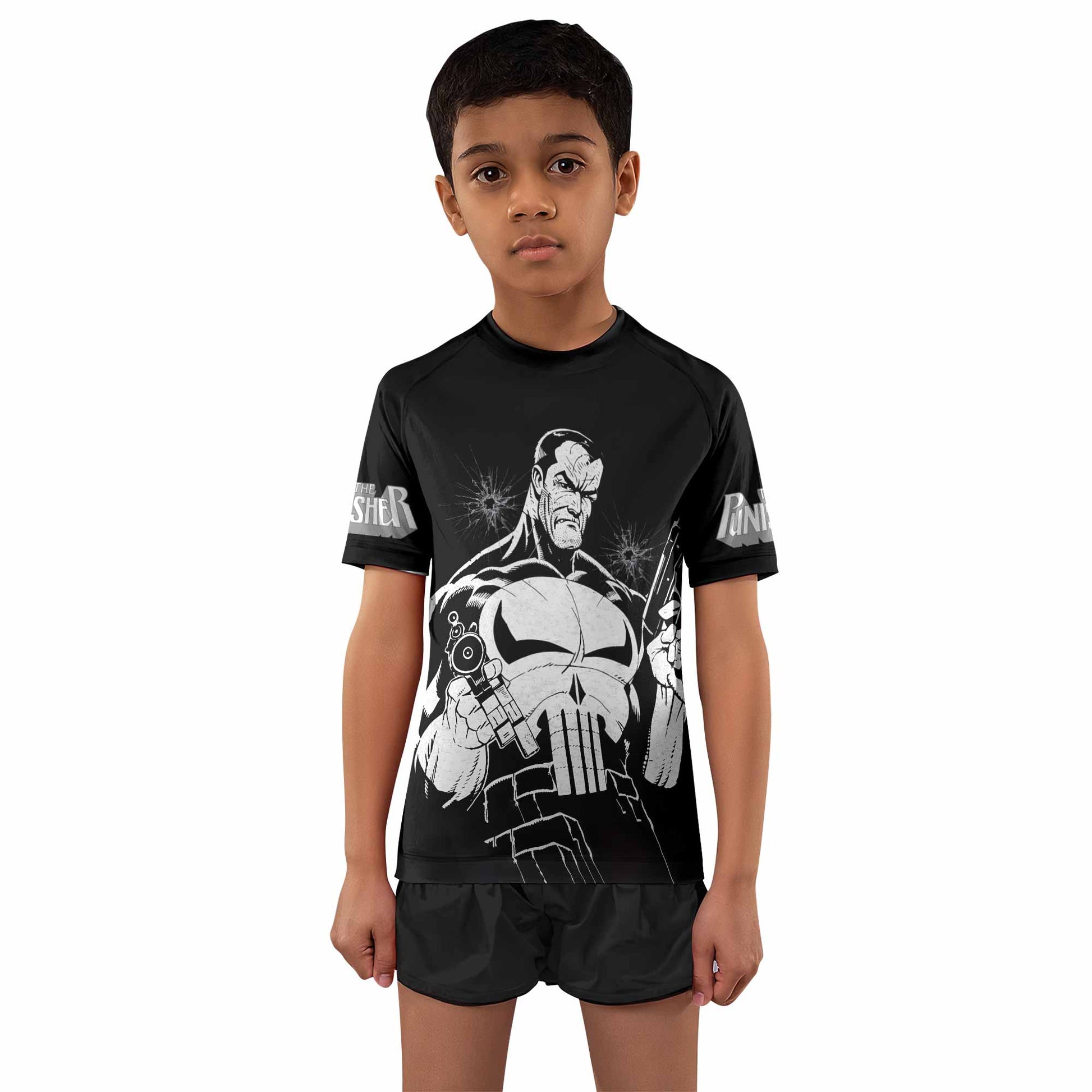 The Punisher Comic Frank Castle Kids Rash Guard Short Sleeve - boy's lifestyle view