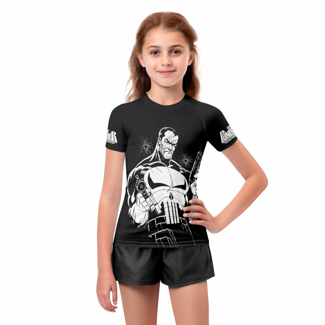 The Punisher Comic Frank Castle Kids Rash Guard Short Sleeve - boy's lifestyle view