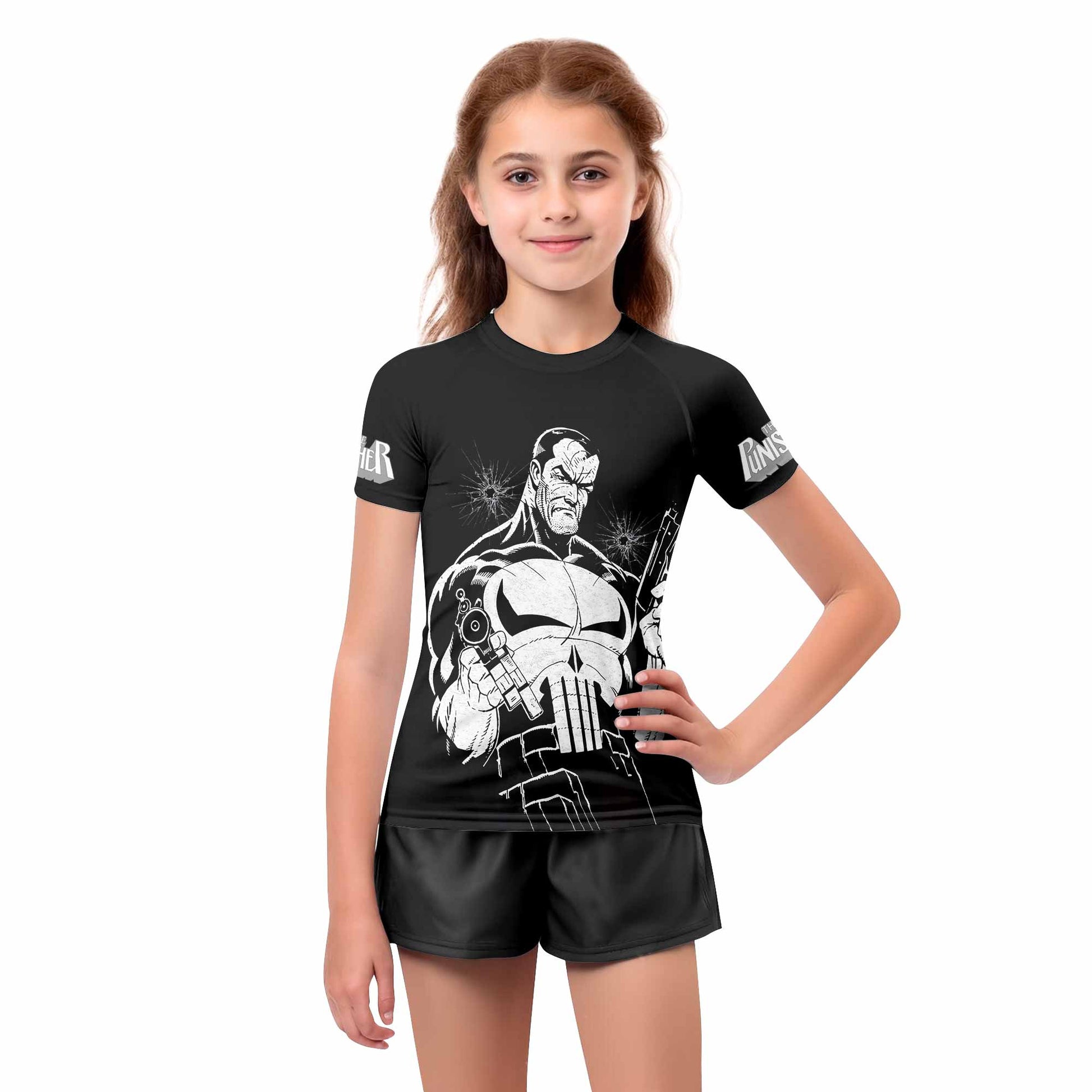 The Punisher Comic Frank Castle Kids Rash Guard Short Sleeve - girl's lifestyle view