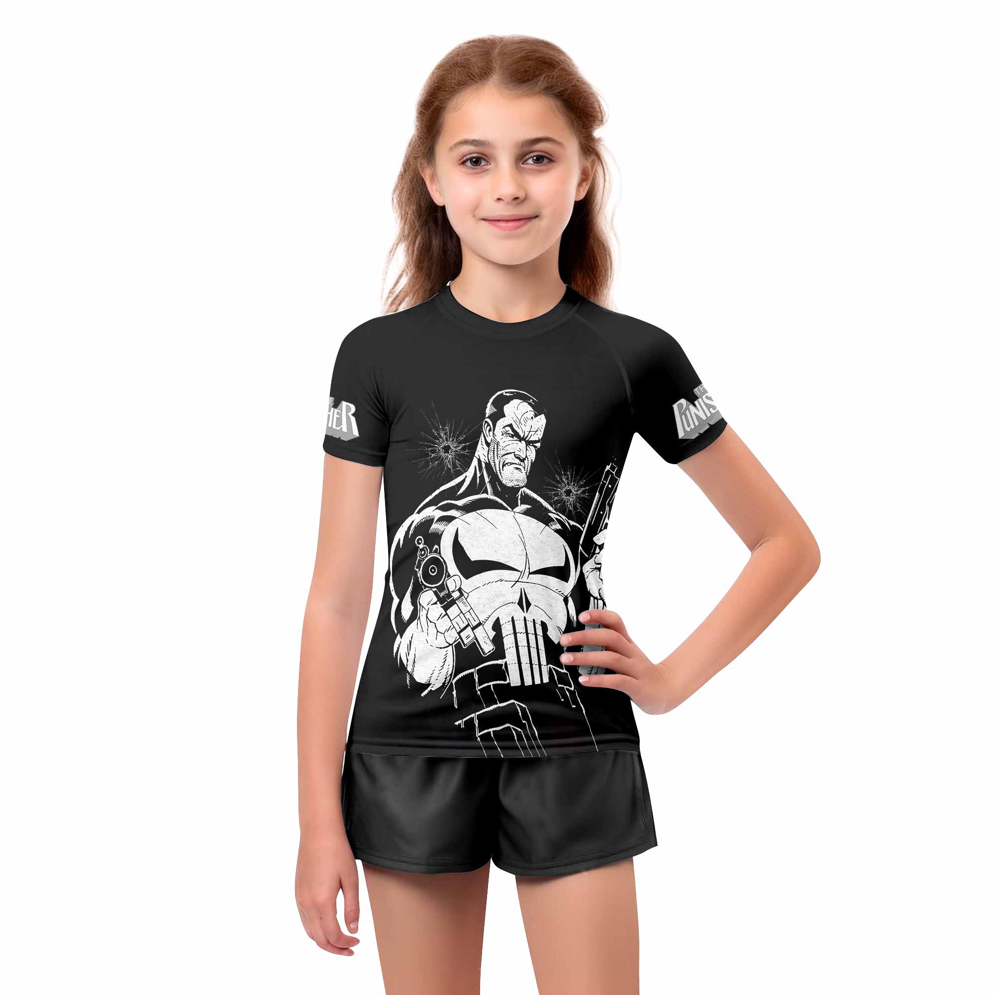 The Punisher Comic Frank Castle Kids Rash Guard Short Sleeve - girl's lifestyle view