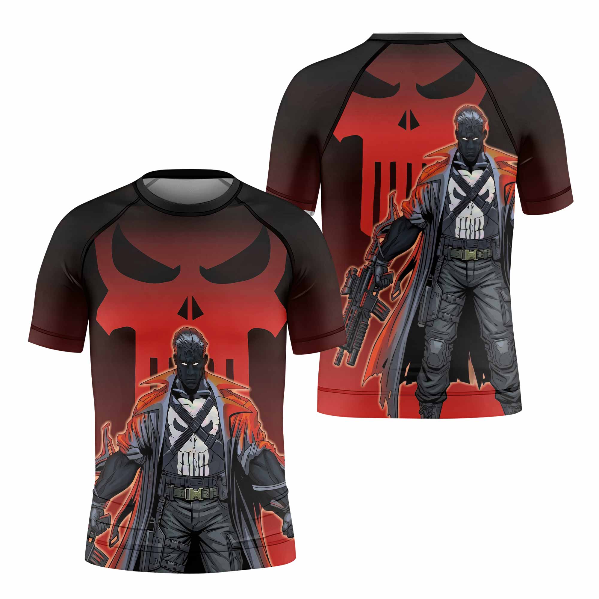 The Punisher Red Frank Castle Kids Rash Guard Short Sleeve - front and back view