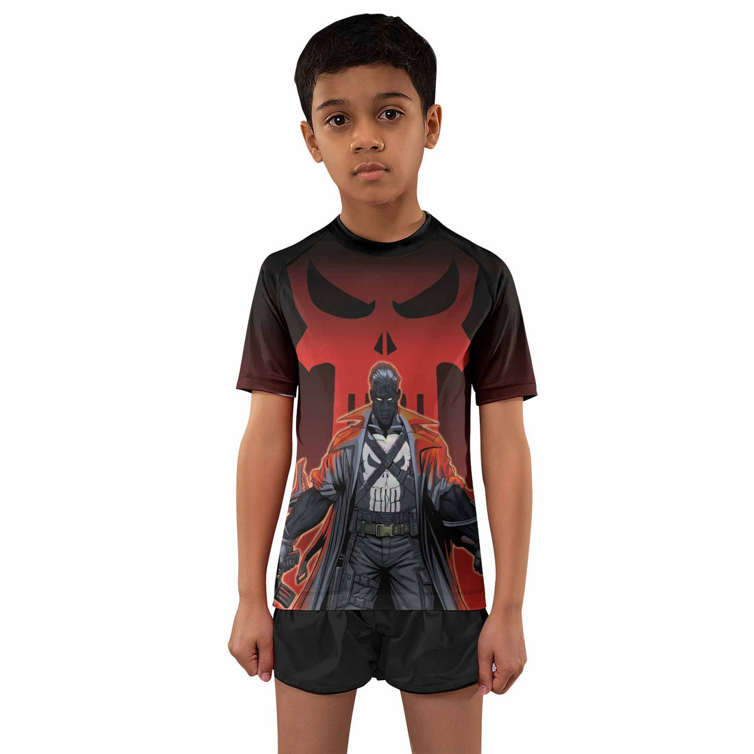 The Punisher Red Frank Castle Kids Rash Guard Short Sleeve - boy's lifestyle view