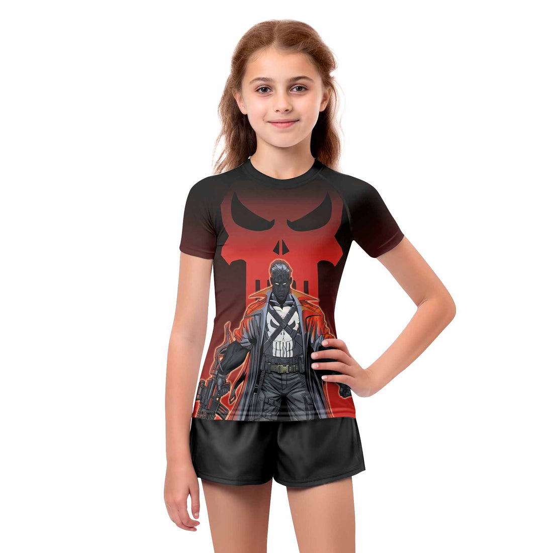 The Punisher Red Frank Castle Kids Rash Guard Short Sleeve - boy's lifestyle view