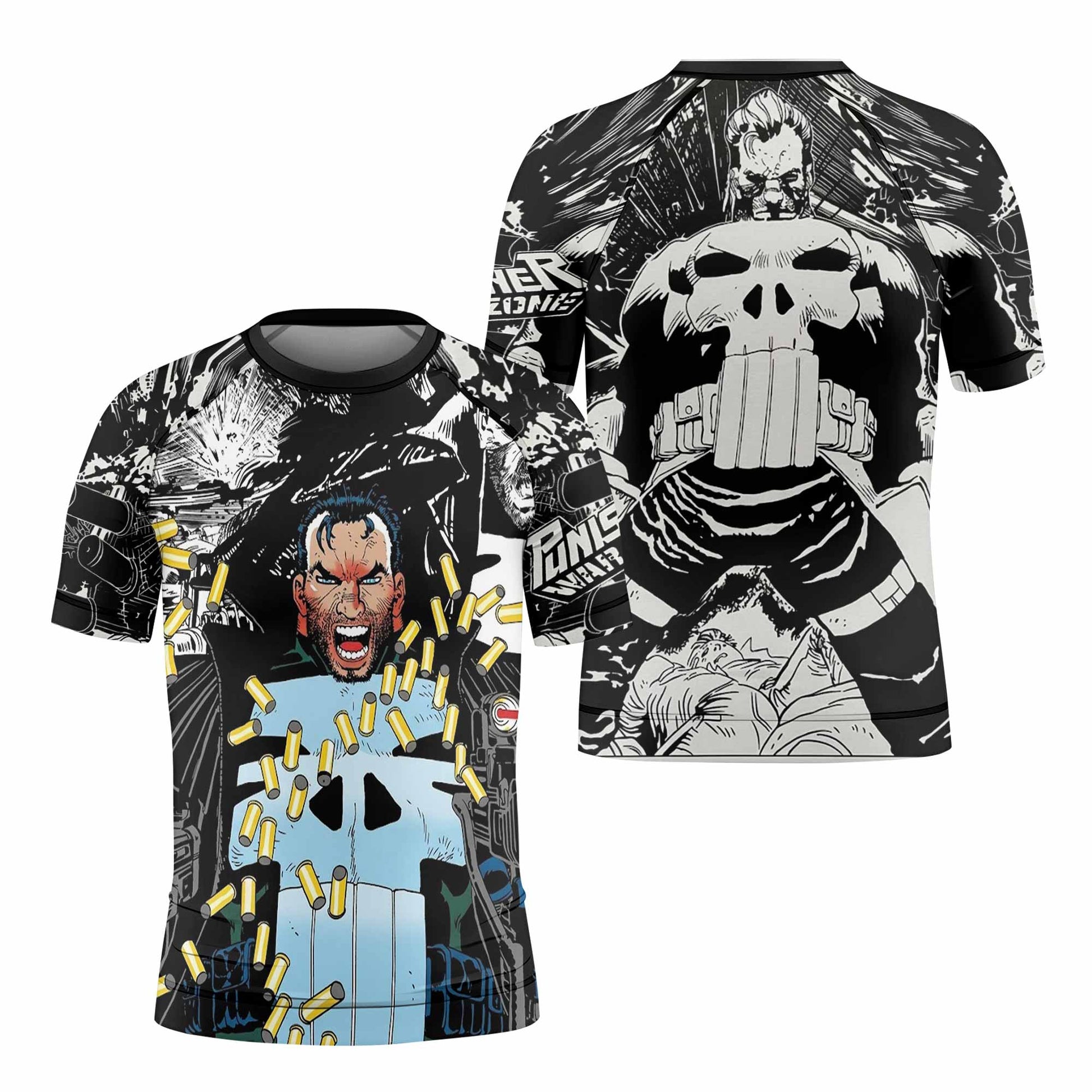 Punisher Bullet Storm Frank Castle Kids Rash Guard Short Sleeve - front and back view
