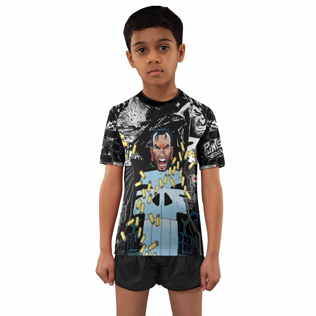 Punisher Bullet Storm Frank Castle Kids Rash Guard Short Sleeve - boy's lifestyle view