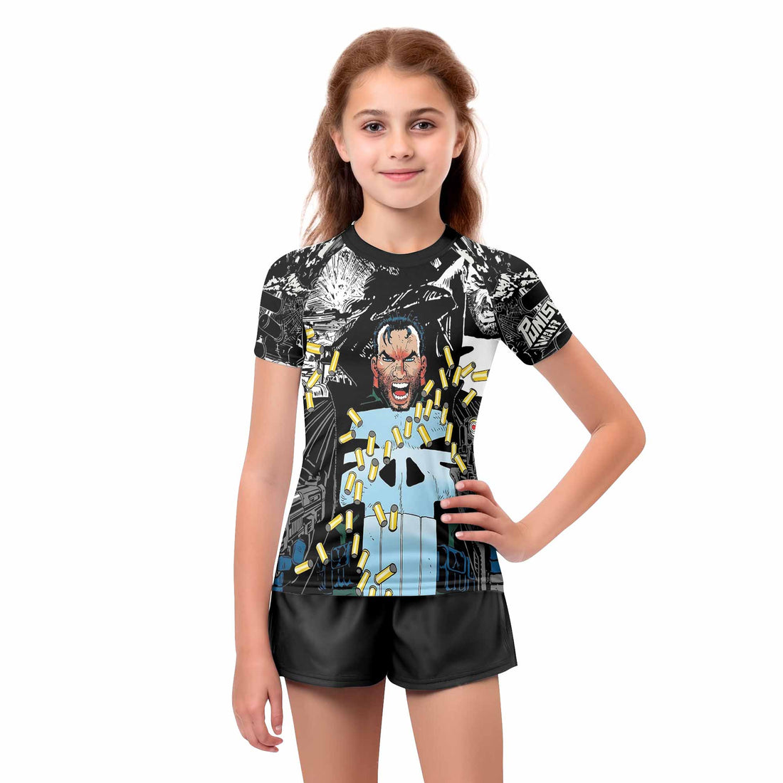 Punisher Bullet Storm Frank Castle Kids Rash Guard Short Sleeve - boy's lifestyle view