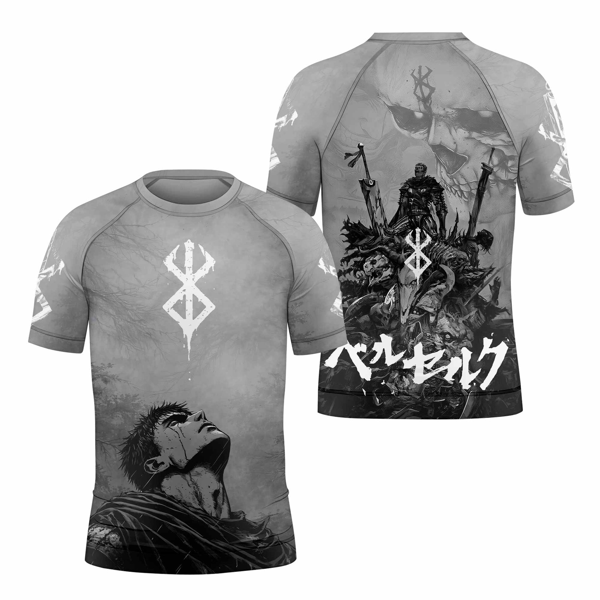 Berserk Guts Sorrow Kids Rash Guard Short Sleeve - front and back view
