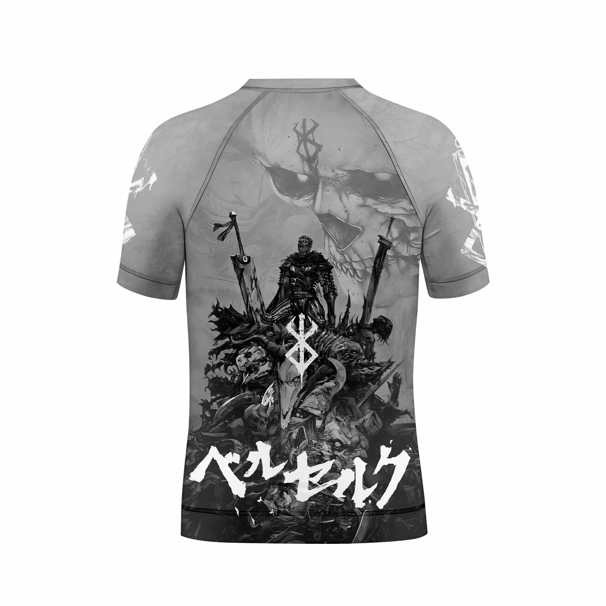 Berserk Guts Sorrow Kids Rash Guard Short Sleeve - back view mockup