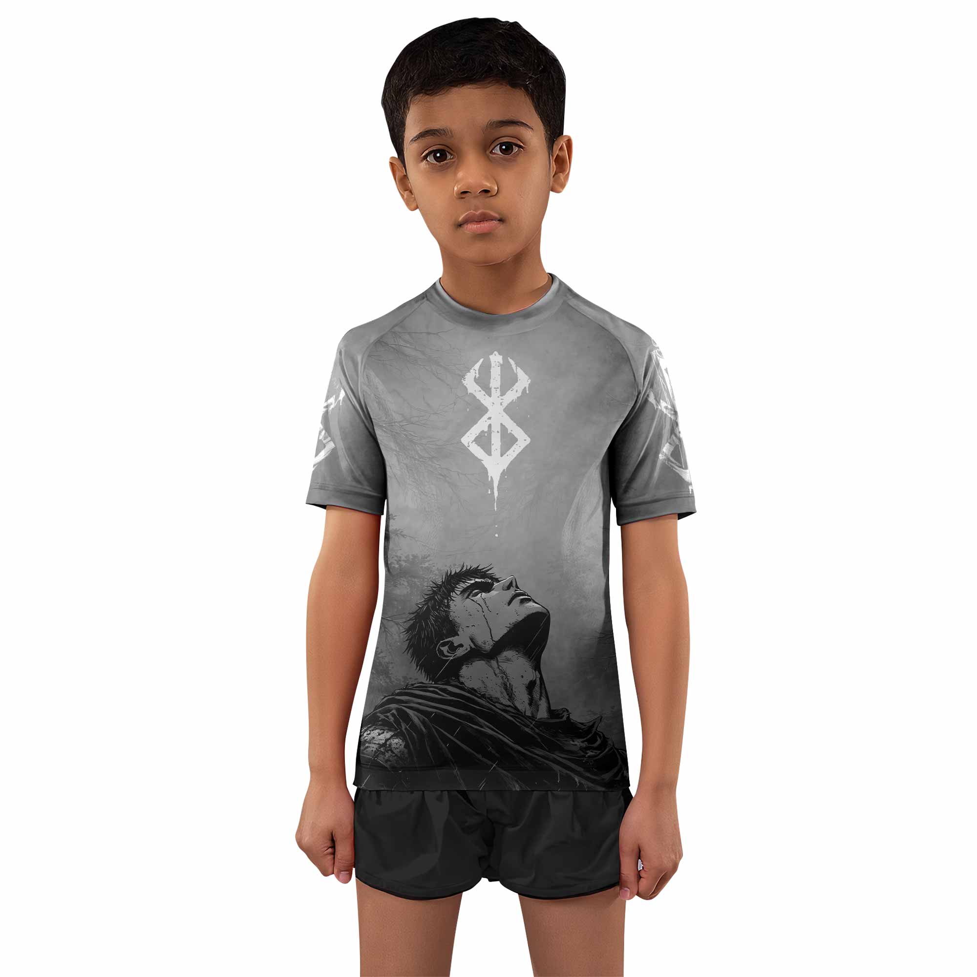 Berserk Guts Sorrow Kids Rash Guard Short Sleeve - boy's lifestyle view